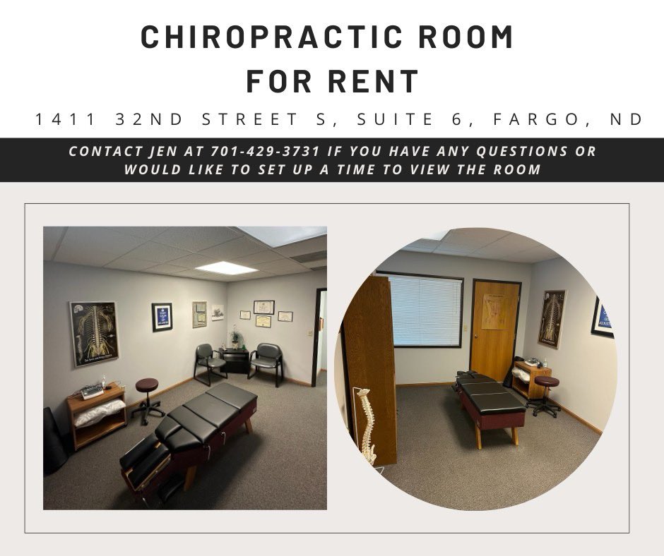 info_ndca's tweet photo. FARGO: ROOM FOR RENT

opportunity for a chiropractor to join our space with an open room with 3 other independent chiropractors.
available February 1, 2025.

Location: 1411 32nd Street S, Suite 6, Fargo, ND
Possibility of a 2nd room in the future.

contact Jen at 701-429-3731 https://t.co/aotsmrq39D