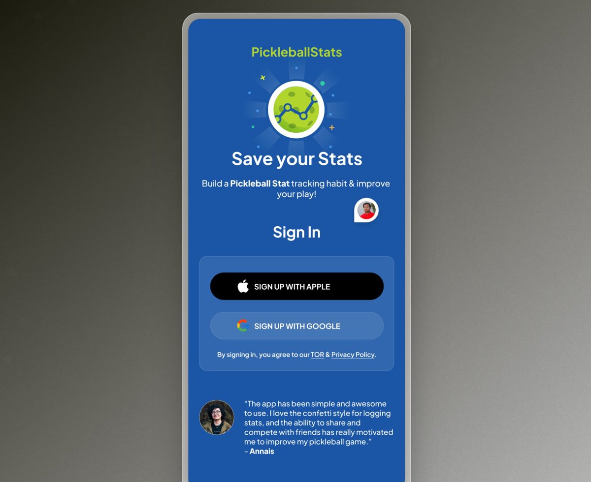 jainilnf's tweet image. Sign up wall almost ready for my Pickleball iOS App!✅
How is it looking?
Any feedback?
#buildinpublic
#iosapps