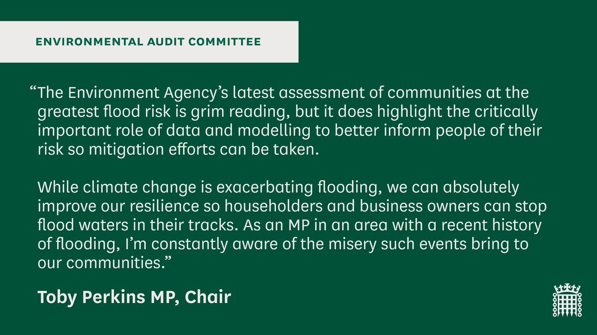 🗣️Our chair responds to the <a href="/EnvAgency/">Environment Agency</a>’s latest assessment of properties in England at risk of #flooding.

➡️Find out more about our inquiry into flooding resilience: committees.parliament.uk/work/8736/floo…