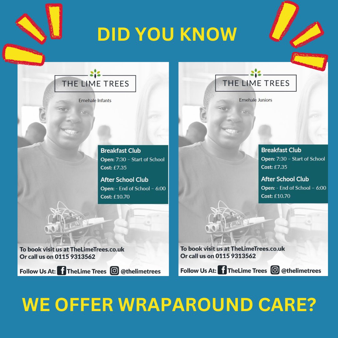 Did you know we offer wraparound care courtesy of The Lime Tree's? The Lime Tree's run a before and after school session at each of our sites. Sessions begin at 07:30am and finish at 18:00pm. 
To book your child in or to find out more information, please contact The Lime Tree's.