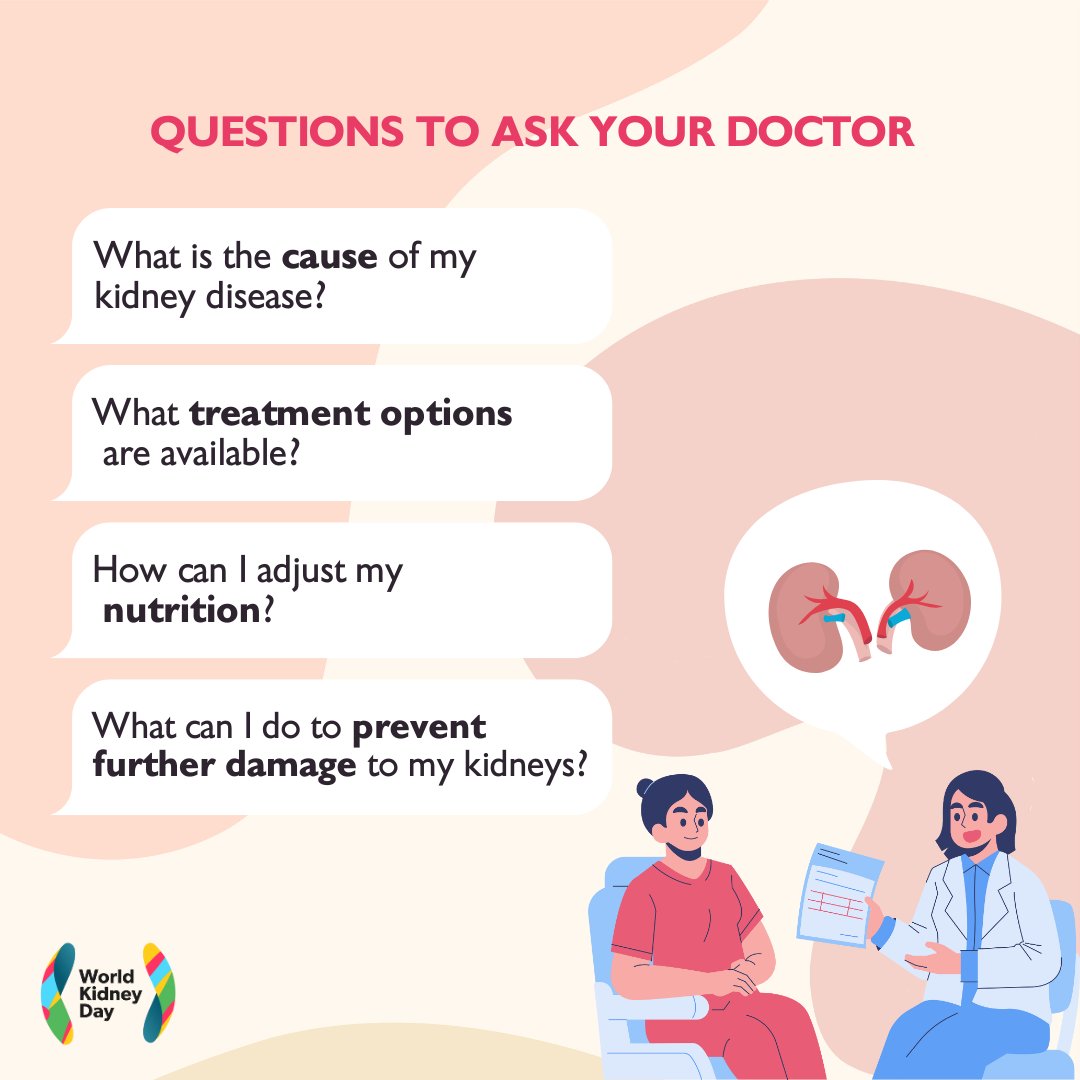 A chronic kidney disease (#CKD) diagnosis can feel overwhelming with the amount of information shared during medical visits. Don’t hesitate to ask questions, seek clarity, or request explanations to be repeated.

#WorldKidneyDay #AreYourKidneysOK #KidneyHealthMatters