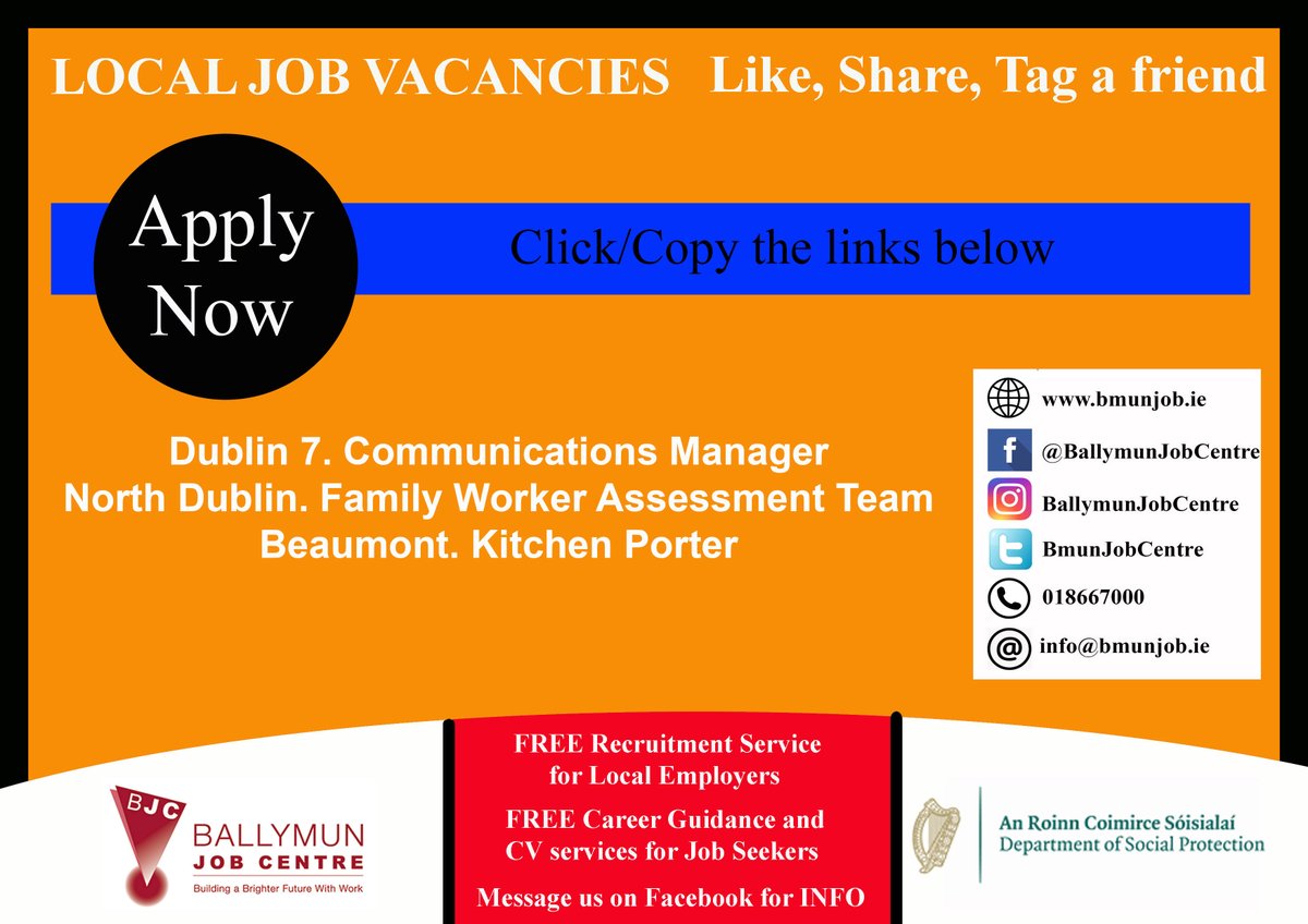 👉 Visit us at: Bmunjob.ie
Vacancies #bmunjob #jobfairy #dublinjobS 
Dublin 7. Communications Manager
is.gd/gOtb9W
North Dublin. Family Worker Assessment Team
is.gd/TVGK7x
Beaumont. Kitchen Porter
is.gd/BdK71t
