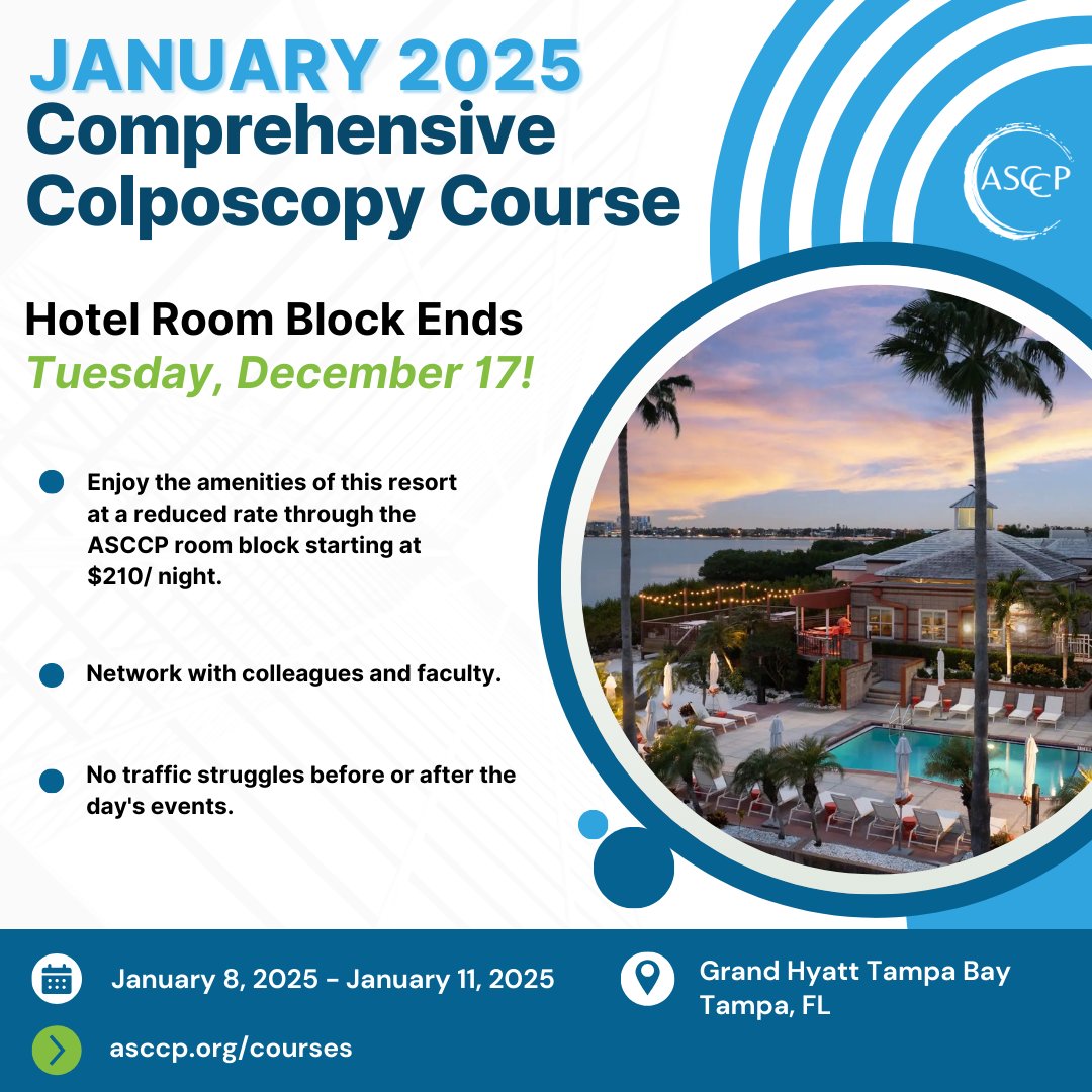 ASCCP's tweet photo. 🏨 Last chance to save! Secure your room for the January 2025 Comprehensive Colposcopy Course in Tampa for just $210/night—but only until Dec 17. Reserve your spot now: https://t.co/oBngvrV9jy #ColposcopyCourse https://t.co/9ztP4gl9H8