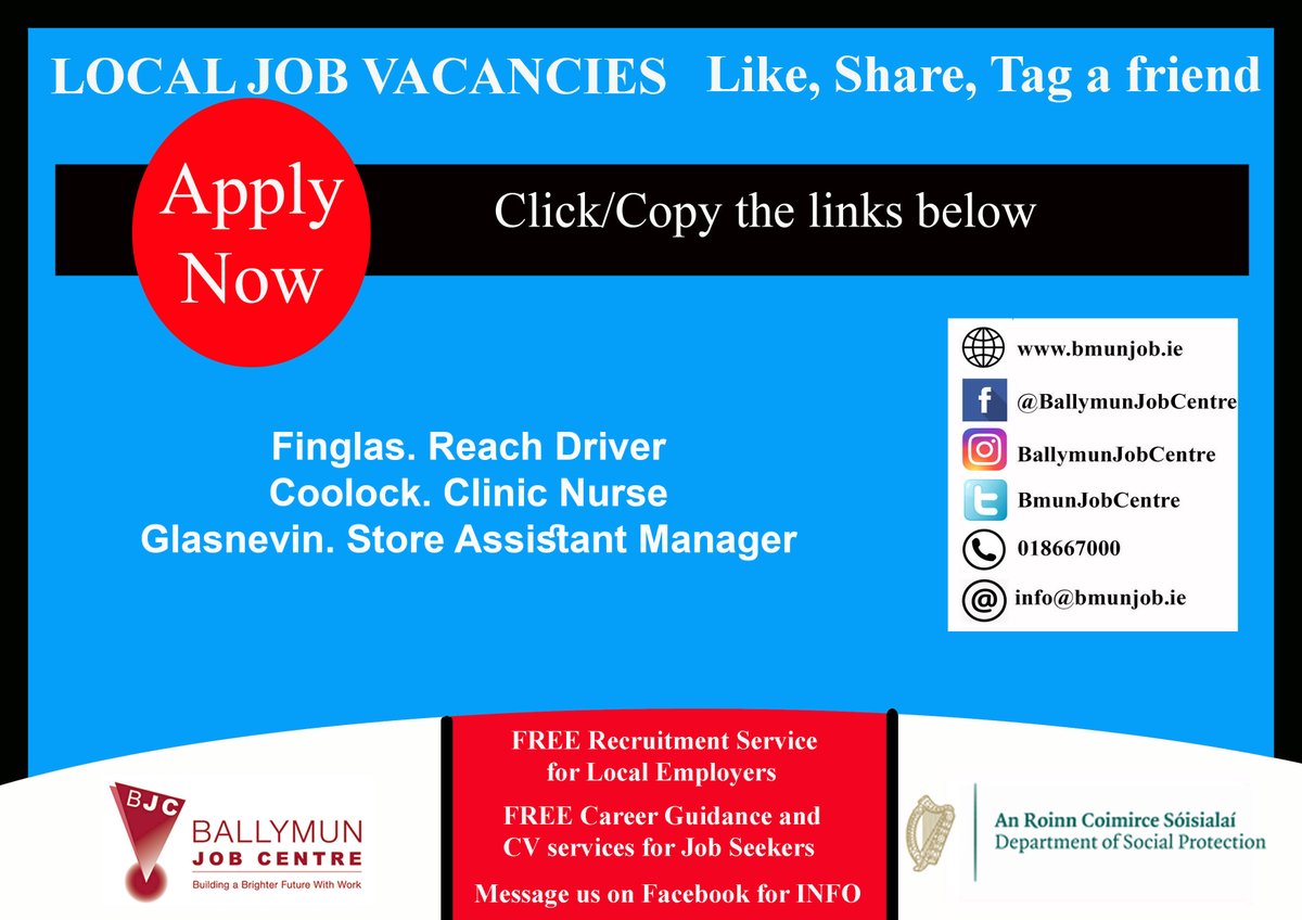 👉 Visit us at: Bmunjob.ie
Vacancies #bmunjob #jobfairy #dublinjobS 
Finglas. Reach Driver
is.gd/0alKca
Coolock. Clinic Nurse
jobs.ie/job/clinic-nur…
Glasnevin. Store Assistant Manager
is.gd/TNiOUu