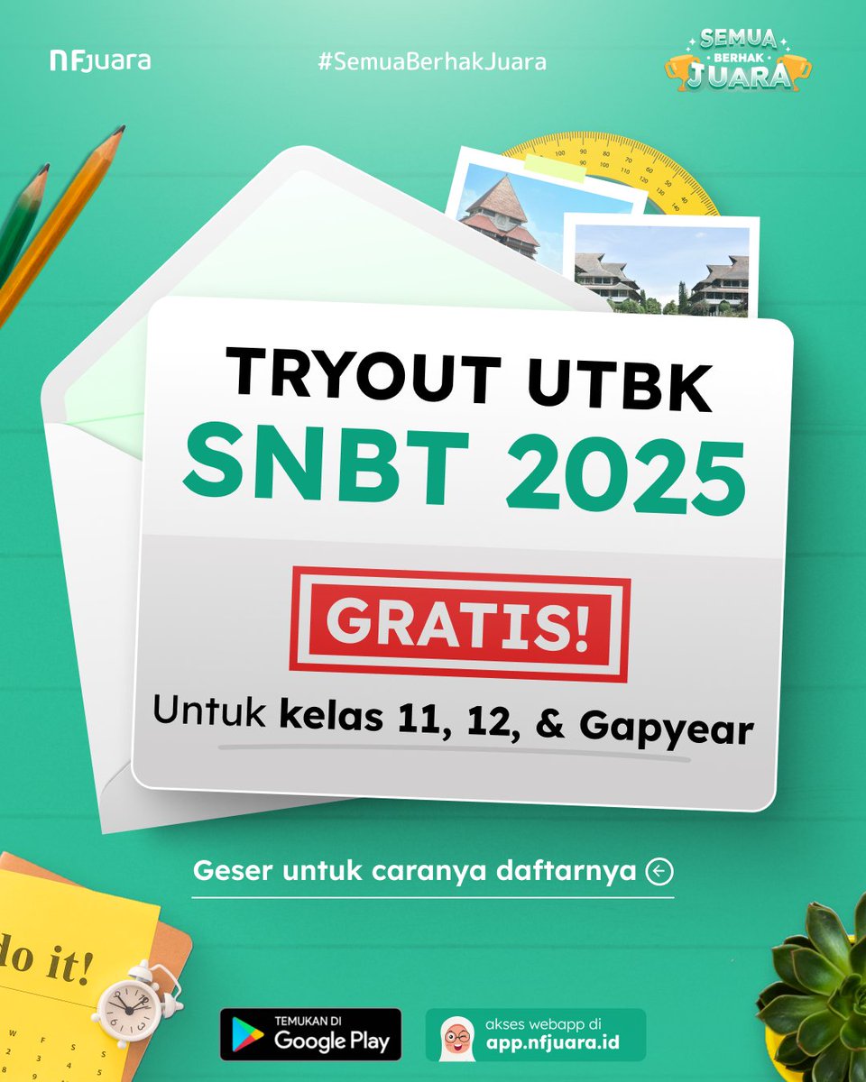 nfjuara's tweet photo. 📣 TRYOUT UTBK SNBT 2025 GRATISSSS! 🔥🔥🔥

Benefit: 
✅ Tryout 7 Subtes
✅ Hasil &amp; Pembahasan
✅ Prediksi kelulusan
✅ Rekomendasi PTN dan jurusan

 Jadwal TO:  23-29 September 2024 🗓️

 Cek caranya di bawah yaa 👇

#studytwt  #tryoutgratis #snbt2025 https://t.co/Ke1SzJ84Oj