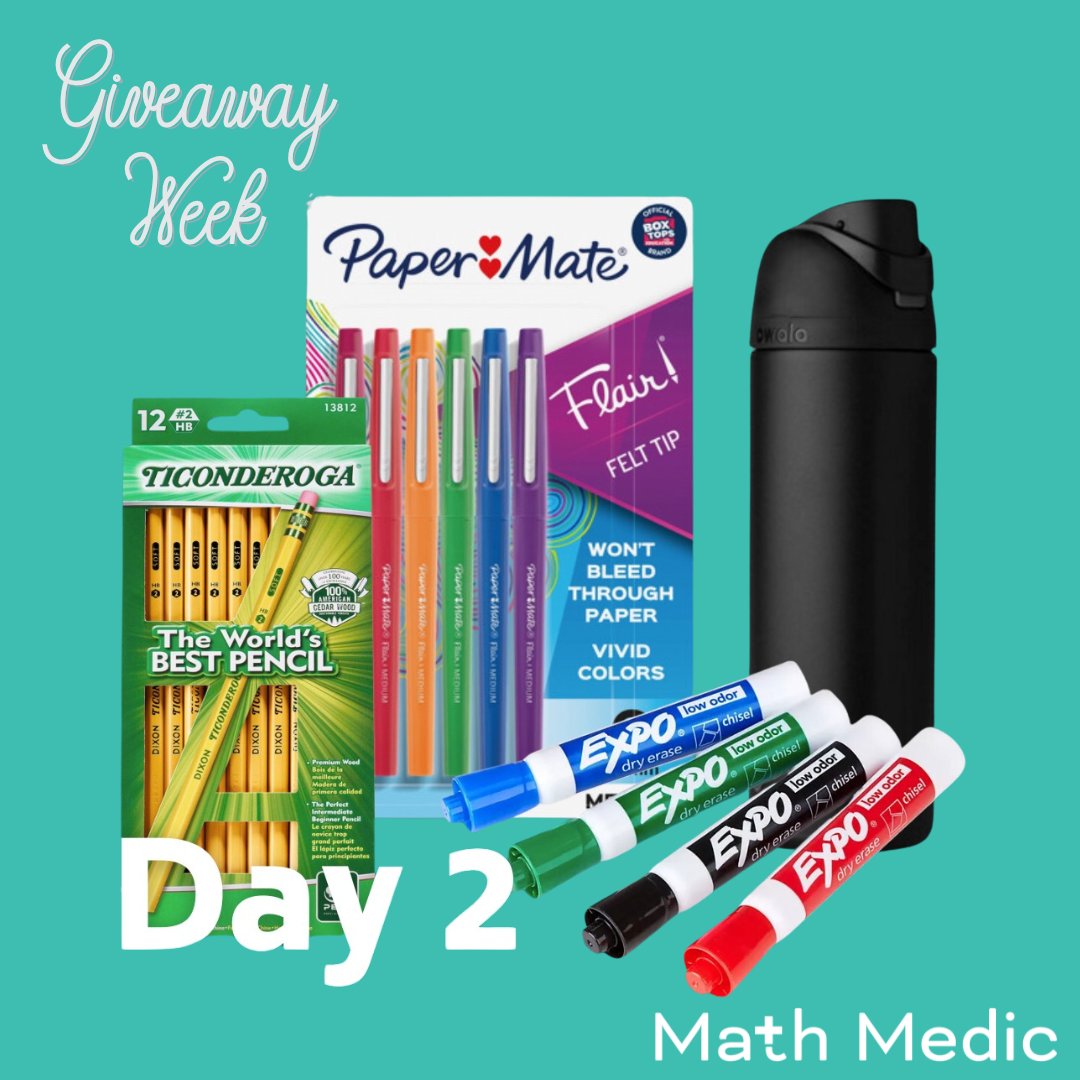 Our second giveaway of the week is our favorite school supplies. Papermate Flair pens, Expo markers, Ticonderoga pencils, and an Owala water bottle to stay hydrated! Follow, like, and repost to enter! #MathMedic #giveaway #mathteacher #teacherlife #happyholidays #mtbos