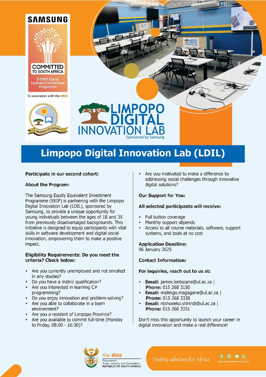 ULvarsity's tweet photo. The Limpopo Digital Innovation Lab (LDIL) invites unemployed youth not currently enrolled in any studies to apply for the Samsung Equity Equivalent Investment Programme (EEIP). 

Apply Now: https://t.co/omn3WALZcl…

Application Deadline: 06 January 2025
#ULEvents2024 #ChooseUL https://t.co/JSrUr7e2W6
