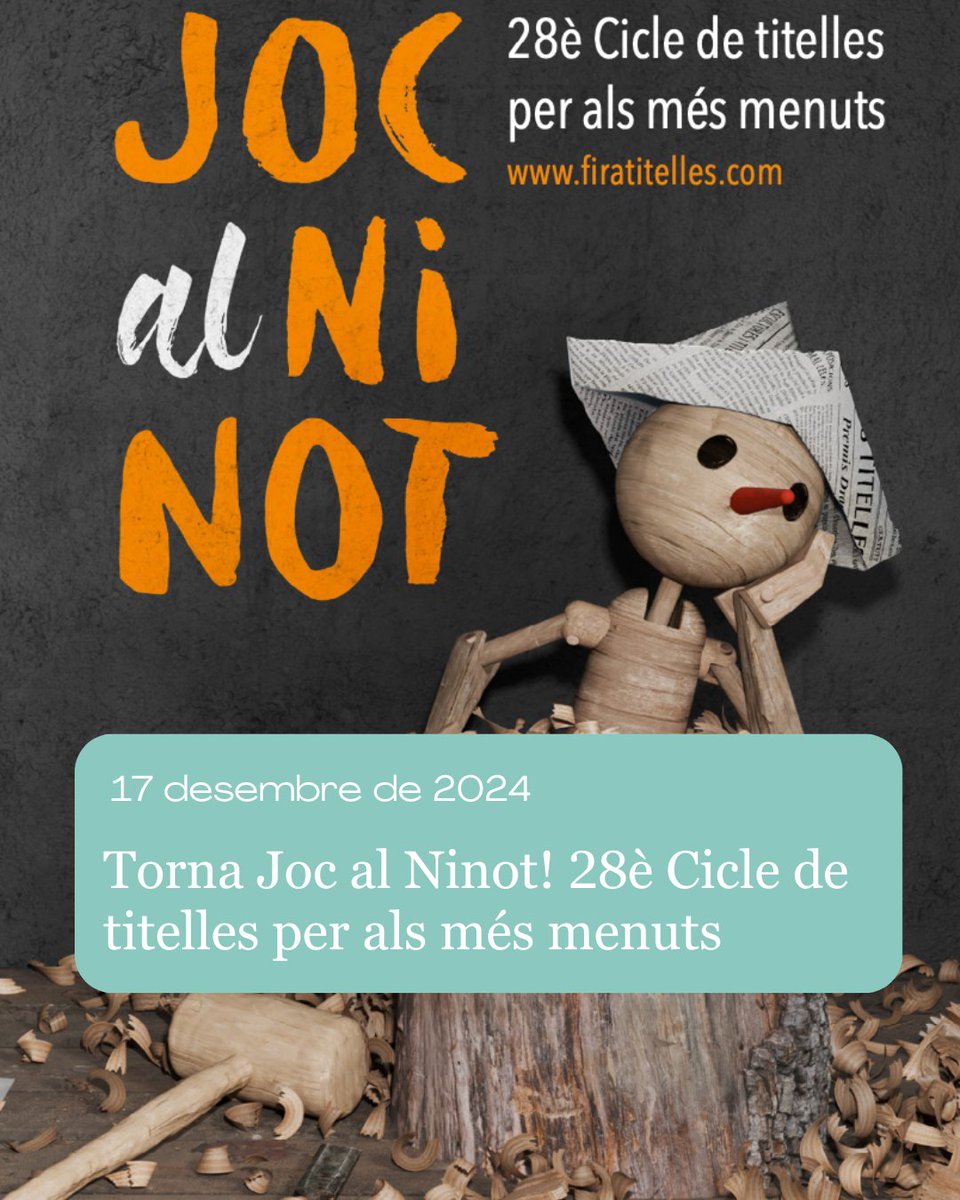 EscenaFamiliar (@escenafamiliar) on Twitter photo 🔔El cicle JOC AL NINOT celebra la 28a edició amb 4 espectacles, en 4 diumenges a la ciutat de Lleida.
No toquin les meves mans de VALERIA GUGLIETTI
Cotó de TXO TITELLES
La Faula de la Guineu <a href="/TitiriterosB/">Titiriteros Binefar</a>
On vas Moby Dick? De <a href="/Titelleslleida/">Titelles Lleida</a>
escenafamiliar.cat/noticies/torna… 🔔El cicle JOC AL NINOT celebra la 28a edició amb 4 espectacles, en 4 diumenges a la ciutat de Lleida.
No toquin les meves mans de VALERIA GUGLIETTI
Cotó de TXO TITELLES
La Faula de la Guineu <a href="/TitiriterosB/">Titiriteros Binefar</a>
On vas Moby Dick? De <a href="/Titelleslleida/">Titelles Lleida</a>
escenafamiliar.cat/noticies/torna…