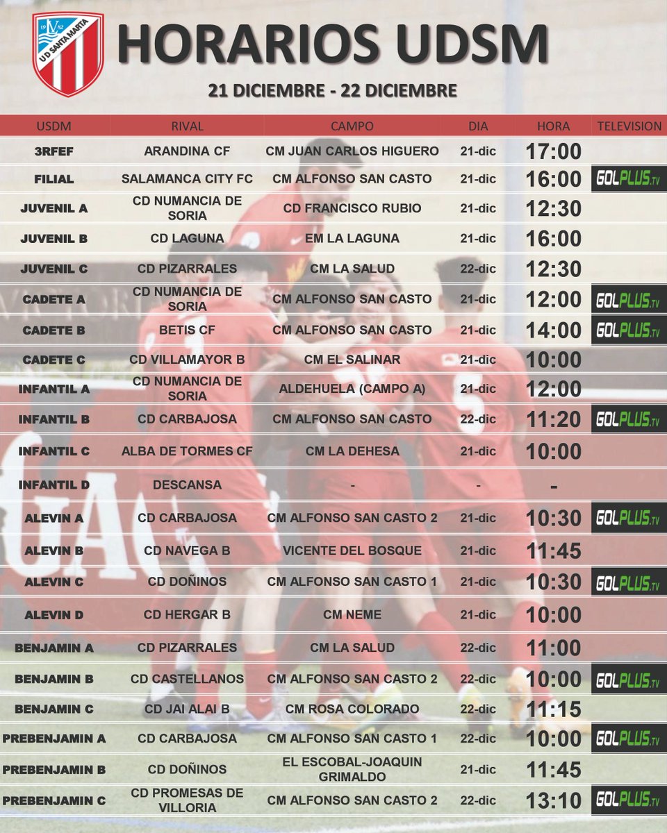 UD Santa Marta (@udsantamarta) on Twitter photo 🔴⚪ UDSM Academia ⚪🔴
Así tenemos el plan de horarios y partidos para el fin de semana. Ya sabes que tenemos también UDSM TV con <a href="/golplustv/">GOLPLUS TV</a> , que podrás disfrutar por solo 20€ durante toda la temporada. Apúntate en nuestras oficinas y no te pierdas detalle.
#OrgulloUDSM 🔴⚪ UDSM Academia ⚪🔴
Así tenemos el plan de horarios y partidos para el fin de semana. Ya sabes que tenemos también UDSM TV con <a href="/golplustv/">GOLPLUS TV</a> , que podrás disfrutar por solo 20€ durante toda la temporada. Apúntate en nuestras oficinas y no te pierdas detalle.
#OrgulloUDSM