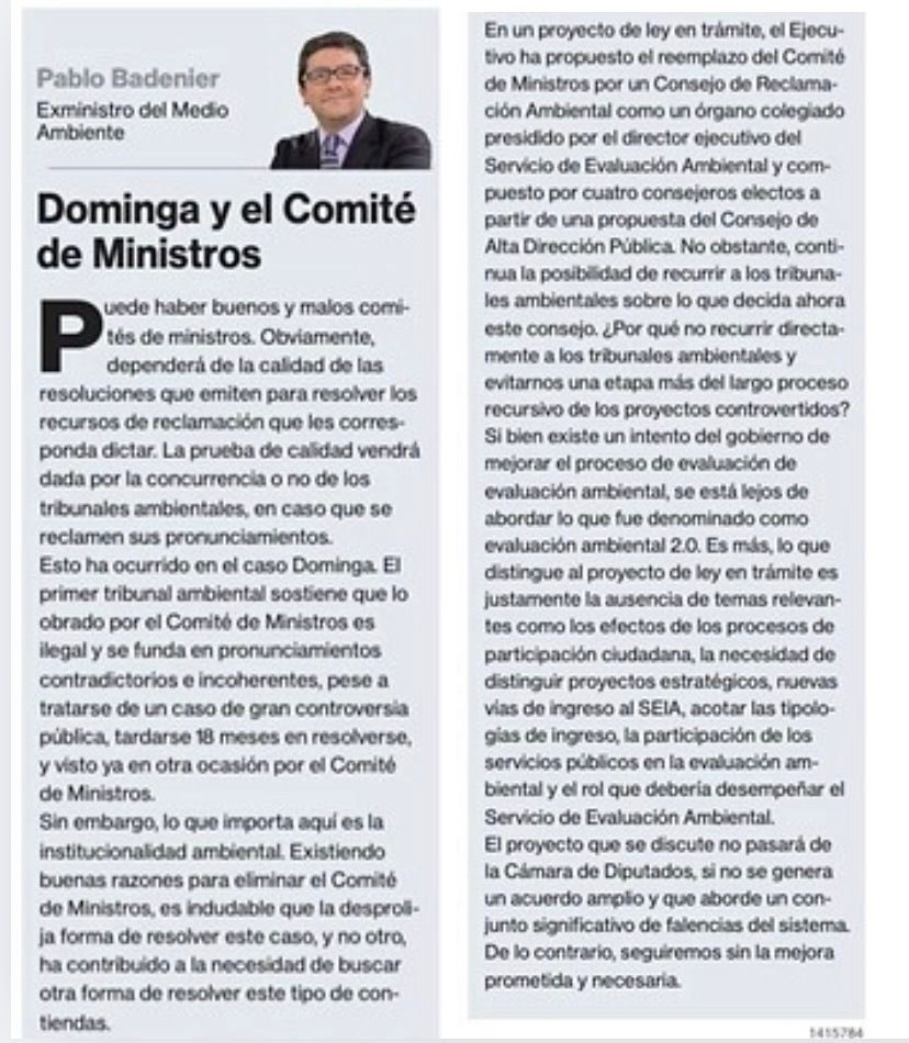 pbadenierm's tweet photo. Les comparto  mi columna en La Segunda de ayer. A mi juicio lo que verdaderamente importa es cómo se diseña y se utiliza la institucionalidad ambiental https://t.co/6wLZbkjOjs