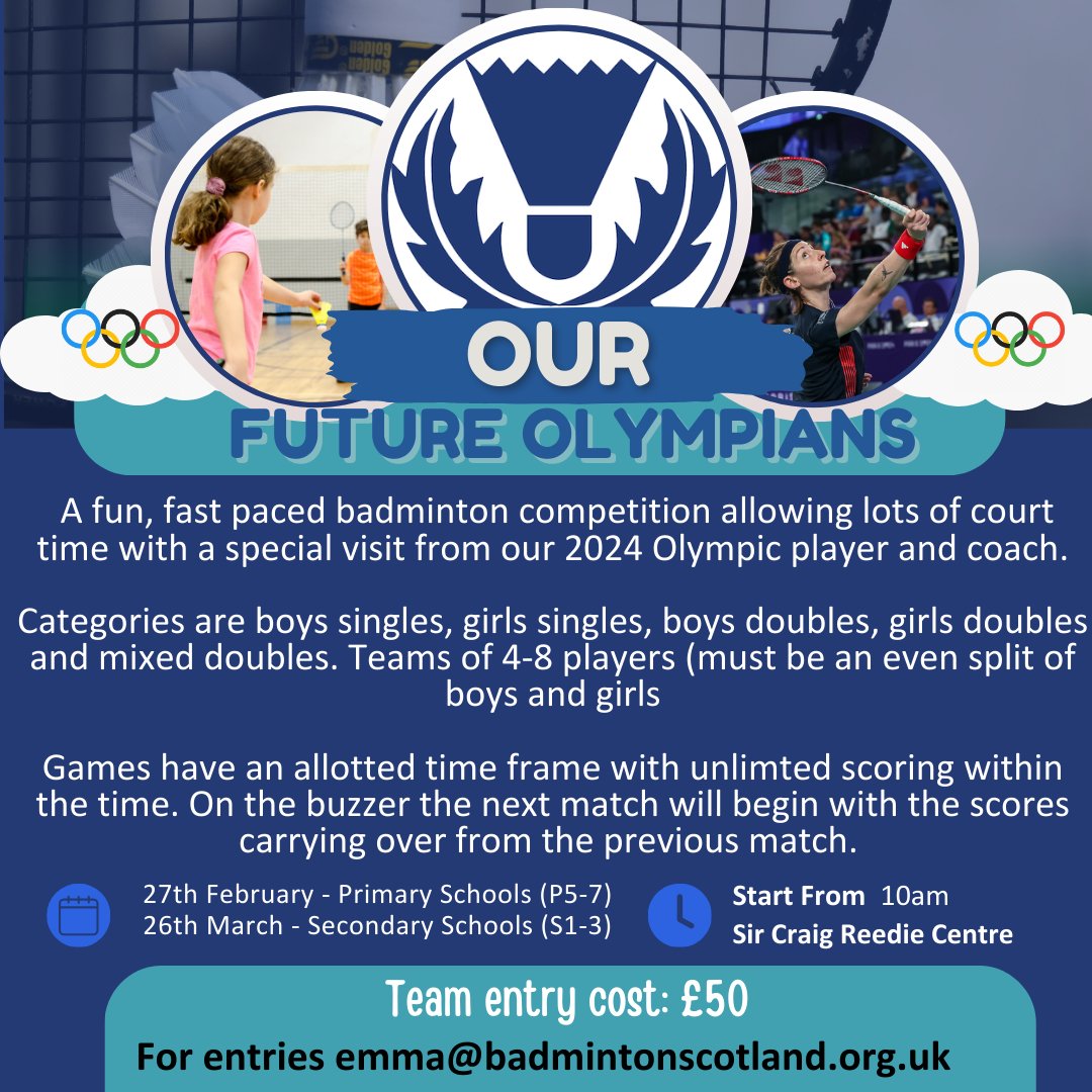 BadmintonScot (@badmintonscot) on Twitter photo We are looking for Badminton Scotland's future Olympians! Could it be you and your team?
Sign up now for a full day of fun, badminton and teamwork featuring some special guests...
Email emma@badmintonscotland.org.uk to get involved We are looking for Badminton Scotland's future Olympians! Could it be you and your team?
Sign up now for a full day of fun, badminton and teamwork featuring some special guests...
Email emma@badmintonscotland.org.uk to get involved