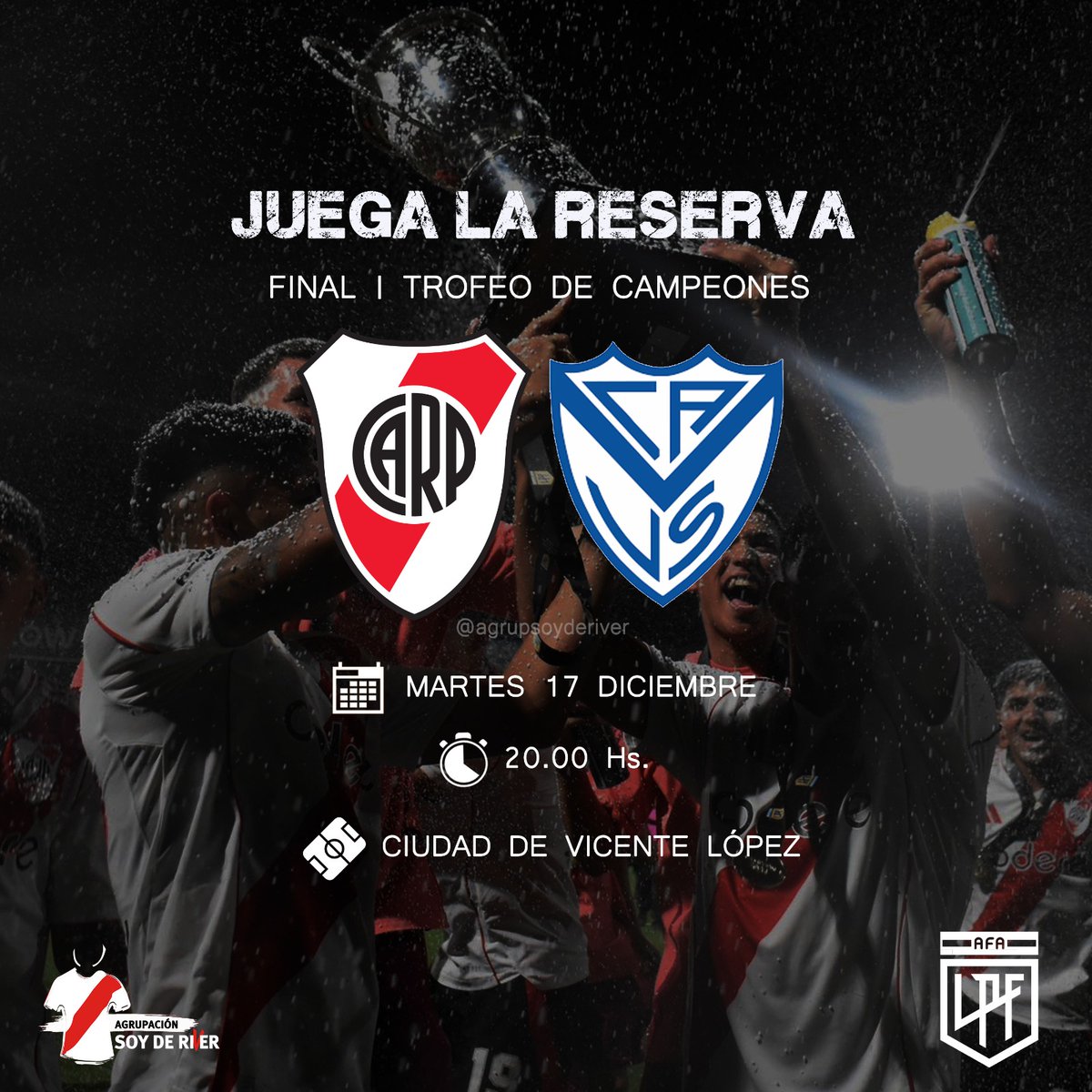 𝗝𝗨𝗘𝗚𝗔 𝗟𝗔 𝗥𝗘𝗦𝗘𝗥𝗩𝗔
El Millonario quiere cerrar un 2024 ideal y va por todo en otra final ¡Vamos River, vamos los pibes!
•
⚽ River Plate  🆚️ Vélez 
🏆 Trofeo de Campeones | División Reserva
📆 Martes 17
🕑 20.00 Hs.
🏟️ Ciudad de Vte. López
📺 LPF Play | TNT Sports