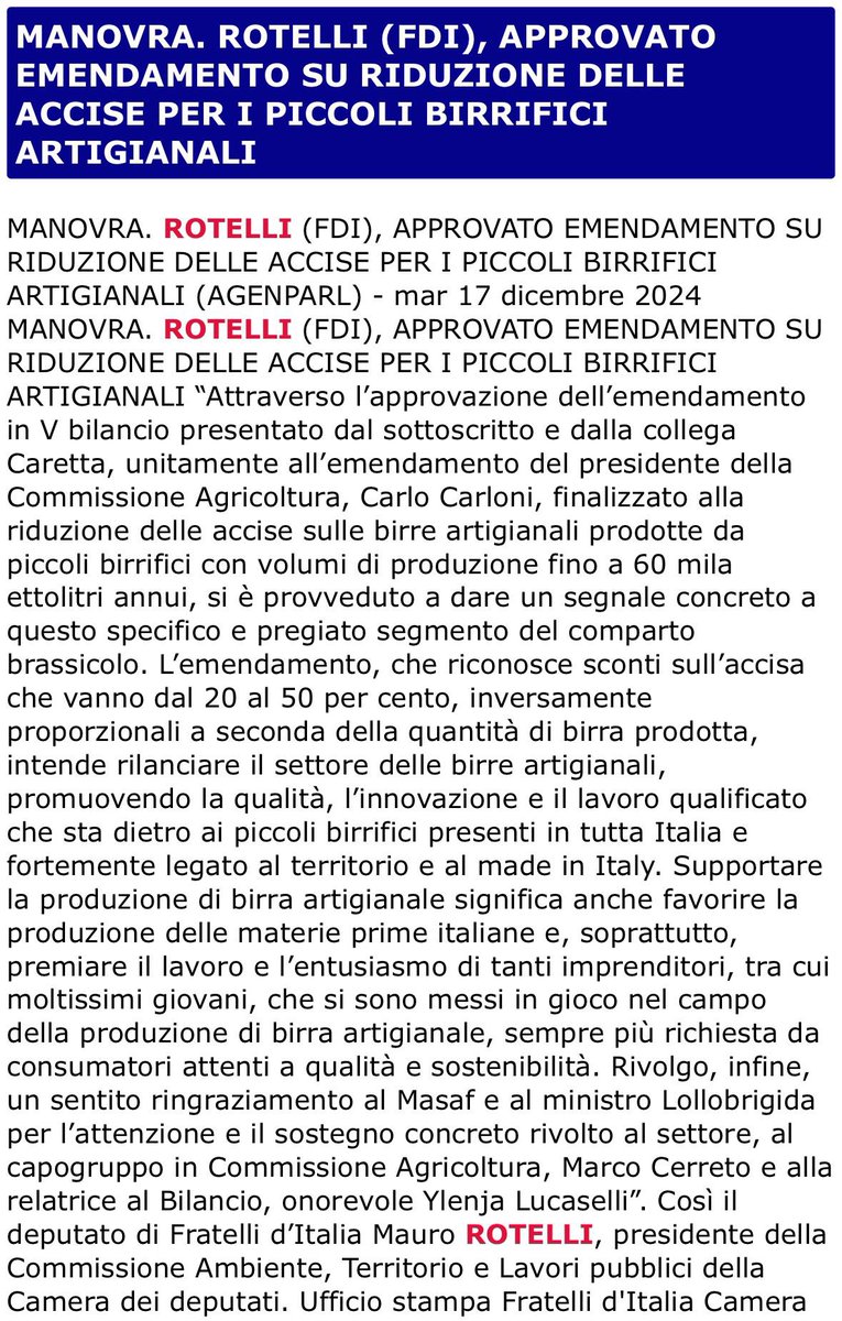 Questa mattina approvato emendamento in legge di bilancio a favore di 1300 birrifici artigianali italiani! Qui il comunicato e il riconoscimento di Unionbirrai: tusciaweb.eu/2024/12/sconti…