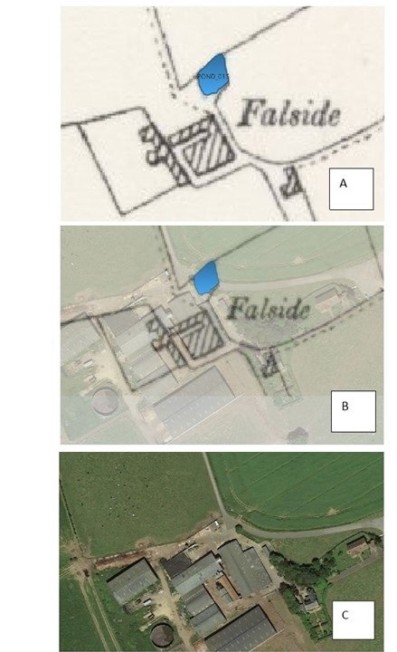 Helenecologist's tweet photo. Interested in freshwater habitats &amp; conservation? Come and do a PhD with me at #SRUC on the Ghost Ponds of Scotland.  Image shows ghost pond identified on historic map, overlaid on current satellite image and its absence on satellite image. DM me if interested. Image FBonnelie https://t.co/AEZAy0suso