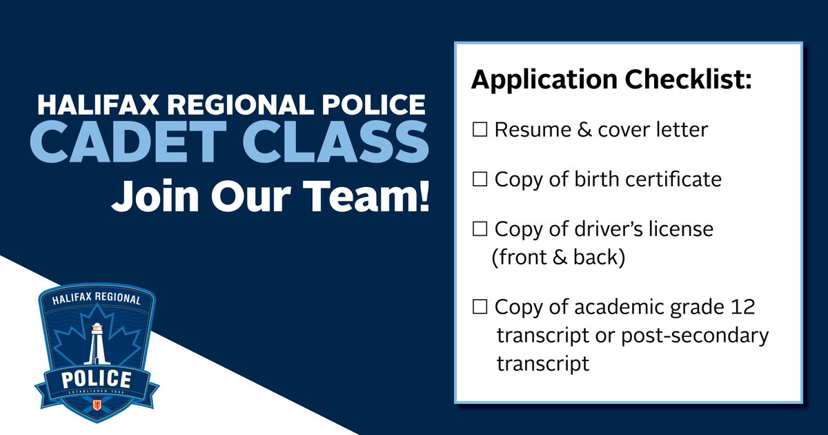 HfxRegPolice's tweet photo. Applications are now being accepted for the @HfxRegPolice 2026 cadet class. Your @JoinHRP application must include: a resume, cover letter, copies of your birth certificate and driver’s license (front and back), academic grade 12 transcript or post-secondary transcript. Learn more: https://t.co/haindIHETg #JoinHRP