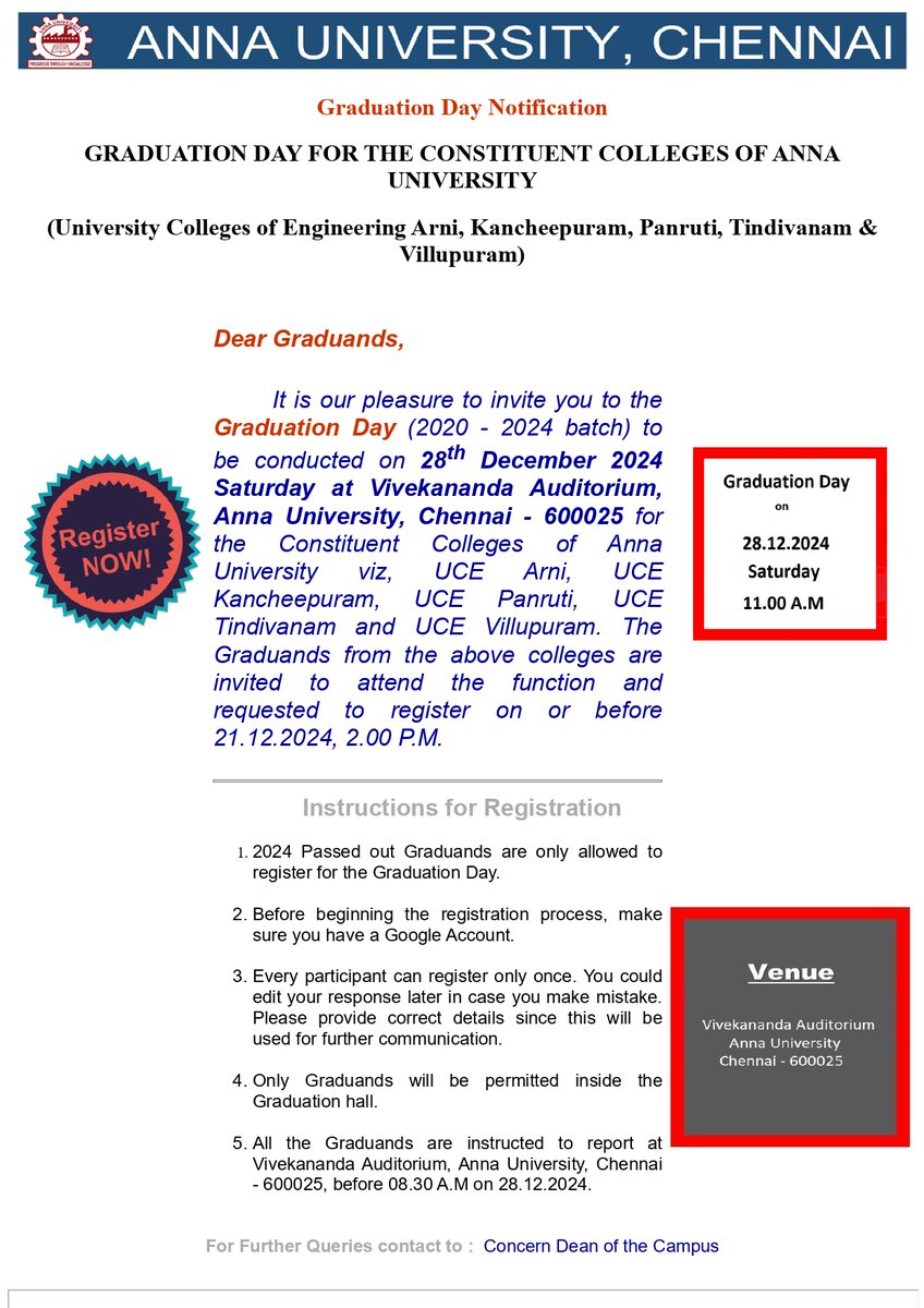UCEV4's tweet photo. It is our pleasure to invite you to the Graduation Day (2020 - 2024 batch) on 28th December 2024@ Vivekananda Auditorium, Anna University, Chennai for UCE Arni, Kancheepuram, Panruti, Tindivanam &amp; Villupuram. All register on or before 21.12.2024, 2.00 P.M.
https://t.co/bTLiSkAjdk https://t.co/00PZuscifL