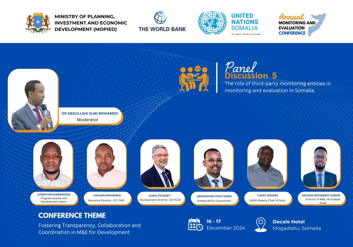 MoPIED_Somalia's tweet photo. Panel Discussion 4 is underway at the #NMEConference2024 in Mogadishu, focusing on 'The role of third-party monitoring entities in M&amp;E in Somalia'. Moderated by Dr. Abdullahi Elmi, panelists share insights on fostering accountability and transparency.  #MonitoringAndEvaluation https://t.co/aAshkUI6ol