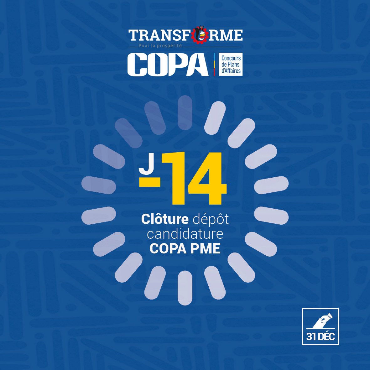 RdcTransforme's tweet photo. Plus que 14 jours pour la clôture des candidatures le 31 décembre 2024. 
Candidatez dès maintenant avant qu’il ne soit trop tard. 

Êtes-vous une PME ? 
Candidatez à travers ce lien 
https://t.co/g0UY7d0kmt
@tisyamukuna @KanikPascal @malukisasivi @EricKopi @makualaerick2 
#projettransforme #RDC #BanqueMondiale #BanqueMondiale #entrepreneuriat #COPATransforme #Innovation #TransformationEconomique #candidature #Entrepreneuriat #rdc #COPA #developpement