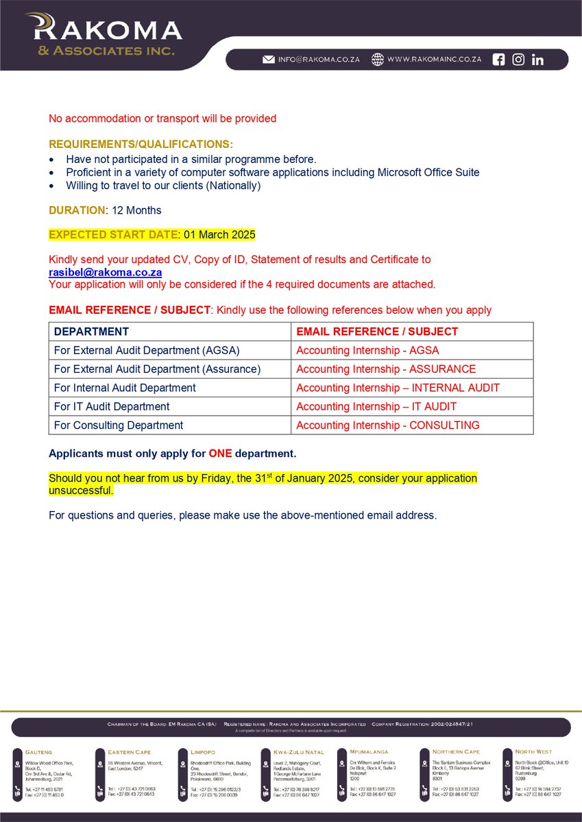 InfoAtRakoma's tweet photo. JOB POST: Accounting Internships hashtag #JobSeekersSA #JobAdviceSA
#jobseekers #Followforjobs #HireMe #JobSeekersWednesday #recruitment #job #hiringprofessionals #jobopportunity #recruiting #Accounting #Accountants #Accountant https://t.co/WqjXGDZygO