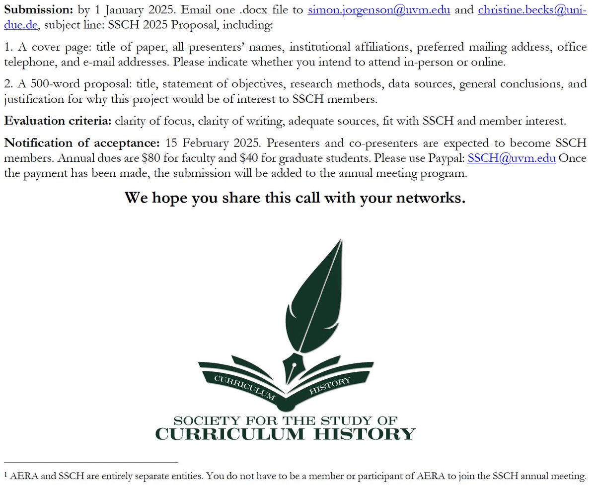 Call for Papers: Society for the Study of Curriculum History's annual conference in April 2025! Deadline: 1 January 2025