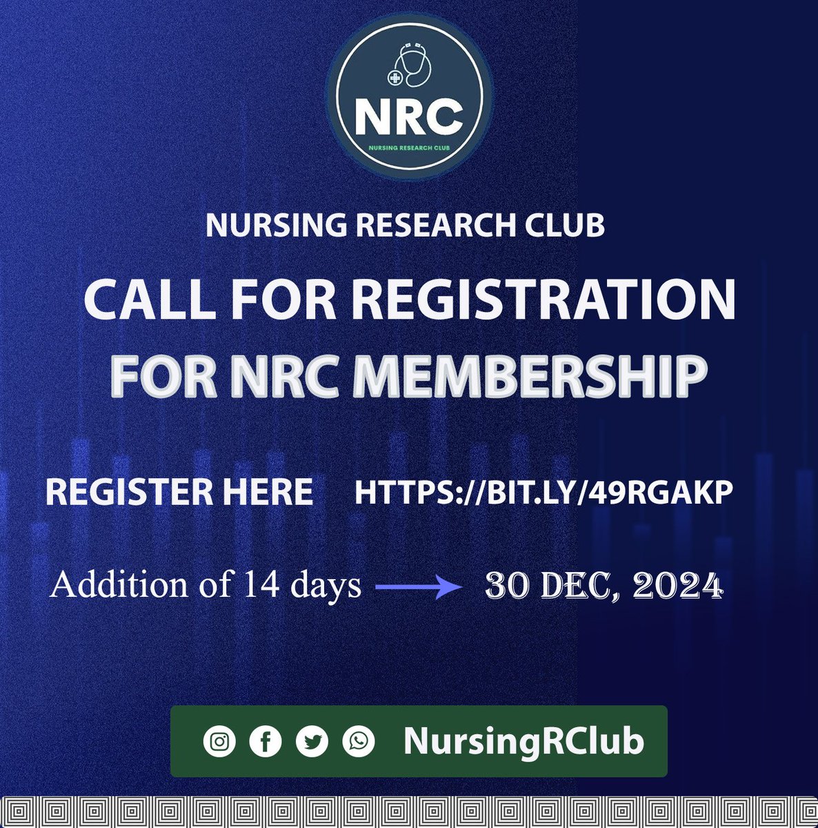NursingR_Club's tweet photo. Exciting news !!!!We're thrilled to announce an extension of the registration period for NRC menbership! Due to popular demand, we're now accepting applications until December 30th. Register now via https://t.co/qxQTjcXjzN

#NRCMembershipRegistration
#RegisterNow https://t.co/iWzqzwHGYs