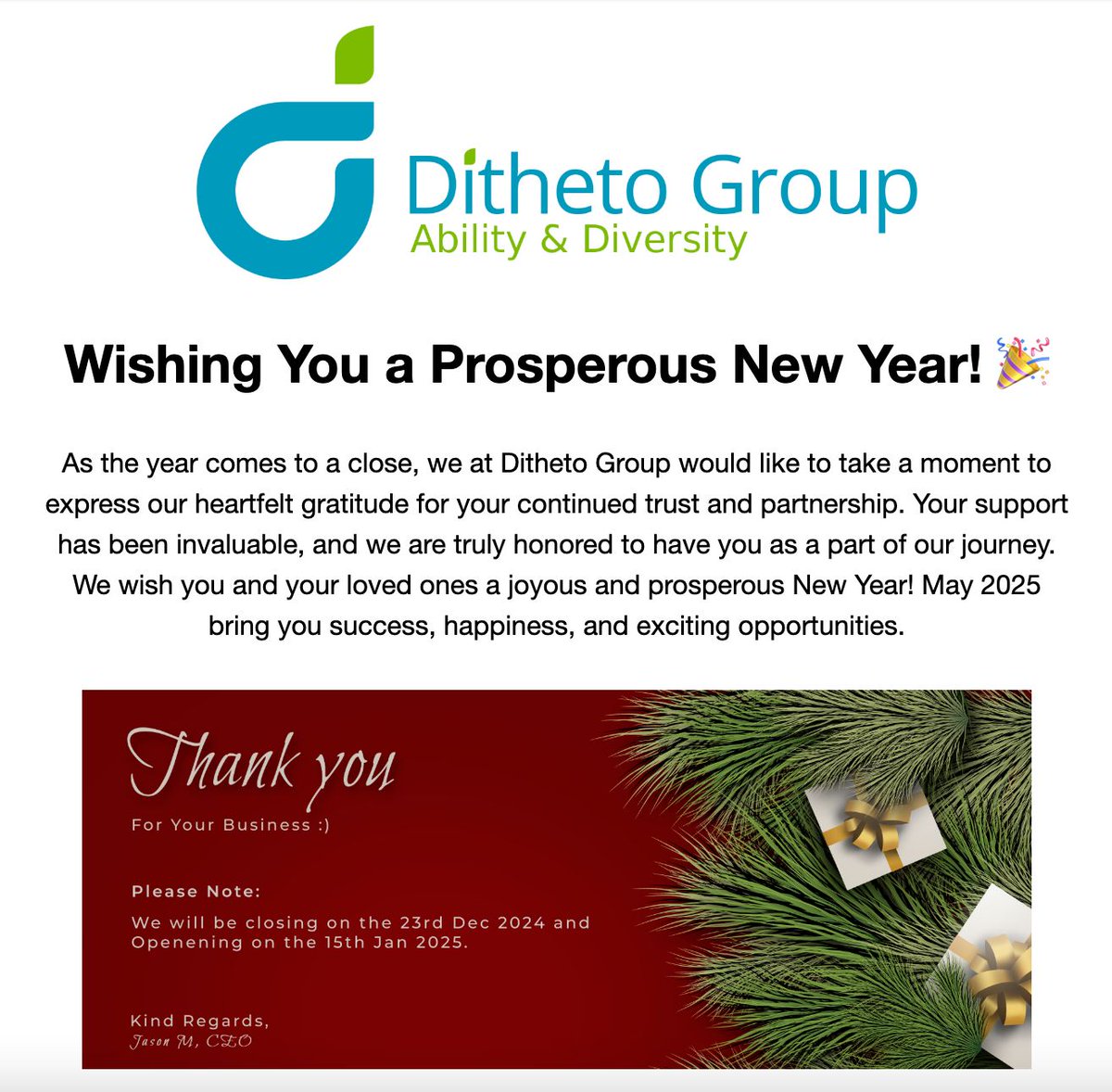 dithetogroup's tweet photo. 🎉 December Newsletter is Here! 
As we wrap up 2024, we're excited to share our December Newsletter with you! 📬
✨ Highlights include:
👉 Click the link below to read the full newsletter:
🔗 https://t.co/EF7wTGTXep

#DithetoGroup #Newsletter #2024Highlights #HappyNewYear https://t.co/eo6zGesFGd