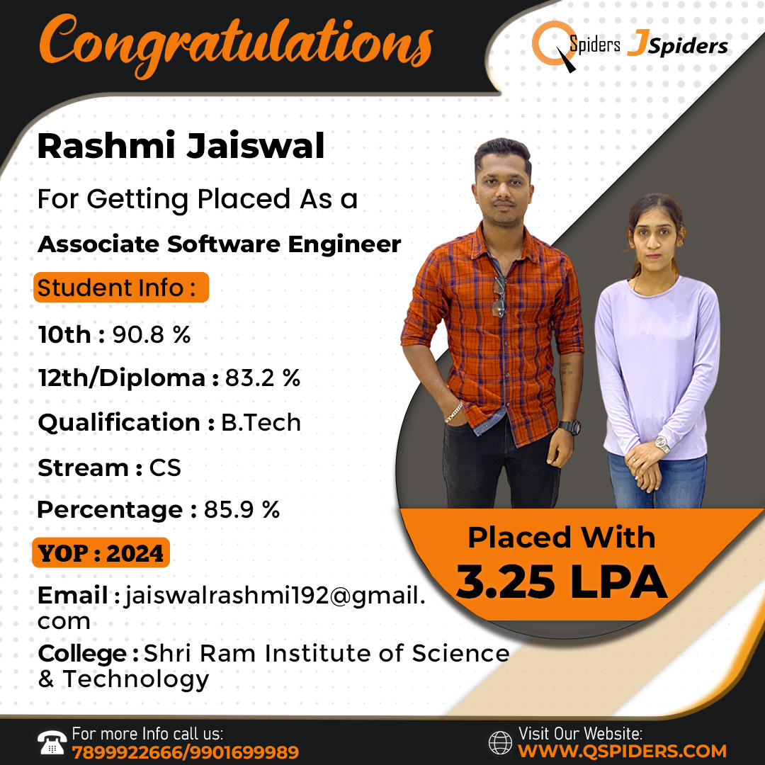 Qspiders_Wakad's tweet photo. Congratulations Rashmi Jaiswal for getting Placed as Associate Software Engineer from Qspiders_Wakad 💐📷                                                                                  
Good luck for the new beginning. 📷
#hired 
#successminded 
#FreshersWeek 
#testing https://t.co/TTzhOPLcxQ