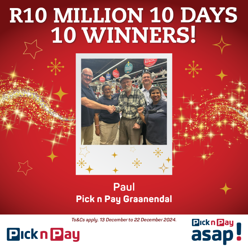 PicknPay's tweet photo. Magic moments made real! 🌟 Congratulations to Paul, our next lucky winner of R1 million at Pick n Pay 🎉 Six more millionaires to go!  

Want to win? It’s easy - just buy 2 participating products in-store or on @picknpayasap before 22 December 2024! #PnPMomentsOfMagic https://t.co/Wd8gTRU5fZ