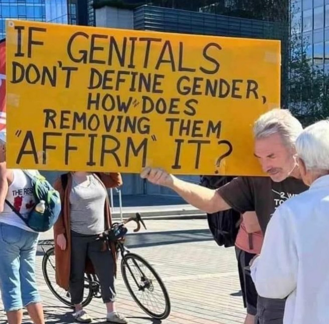 ScarThink's tweet image. If genitals don't define gender, how does removing them "affirm" it?
Sounds like it's just another way for profiteering medical professionals to make a buck