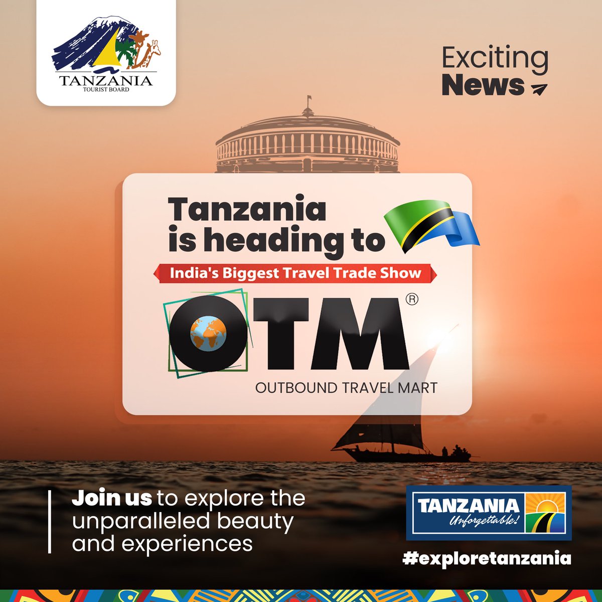 Tanzania Unforgettable (@ttbtanzania) on Twitter photo Exciting News! 🌍
Tanzania is heading to India’s Biggest Travel Trade Show - OTM (Outbound Travel Mart)! 🇮🇳🇹🇿
📍 OTM 2025
🕰️ 31st Jan to 1st Feb
To register: 0715088871
hoza.mbura@tanzaniatourism.go.tz
🌟 #ExploreTanzania | Tanzania Unforgettable! Exciting News! 🌍
Tanzania is heading to India’s Biggest Travel Trade Show - OTM (Outbound Travel Mart)! 🇮🇳🇹🇿
📍 OTM 2025
🕰️ 31st Jan to 1st Feb
To register: 0715088871
hoza.mbura@tanzaniatourism.go.tz
🌟 #ExploreTanzania | Tanzania Unforgettable!