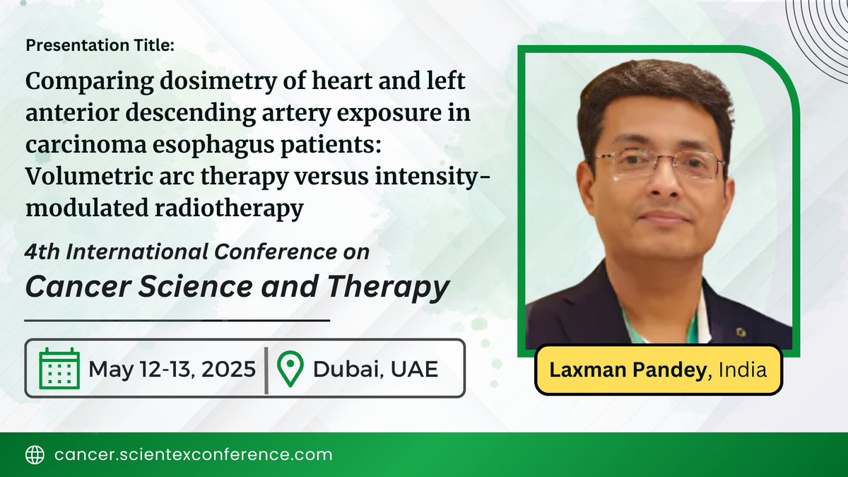 Anastasia Ryan (@anastasiaryan23) on Twitter photo We are thrilled to introduce Laxman Pandey from India as a speaker at the 4th International Conference on Cancer Science and Therapy in #Dubai!
Get to know his presentation details at cancer.scientexconference.com/speakers/Laxma…
#CancerTreatment #CancerConference #Radiationonocology #CancerResearch We are thrilled to introduce Laxman Pandey from India as a speaker at the 4th International Conference on Cancer Science and Therapy in #Dubai!
Get to know his presentation details at cancer.scientexconference.com/speakers/Laxma…
#CancerTreatment #CancerConference #Radiationonocology #CancerResearch
