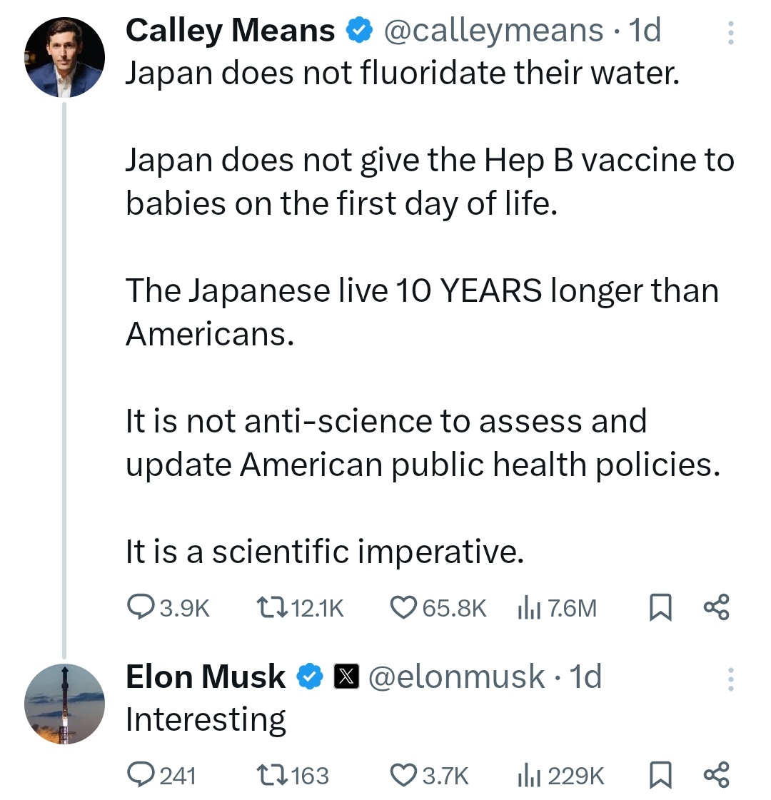 "Interesting" but not true. They do vaccinate babies at birth and flouride in the water has sweet fa to do with longevity.