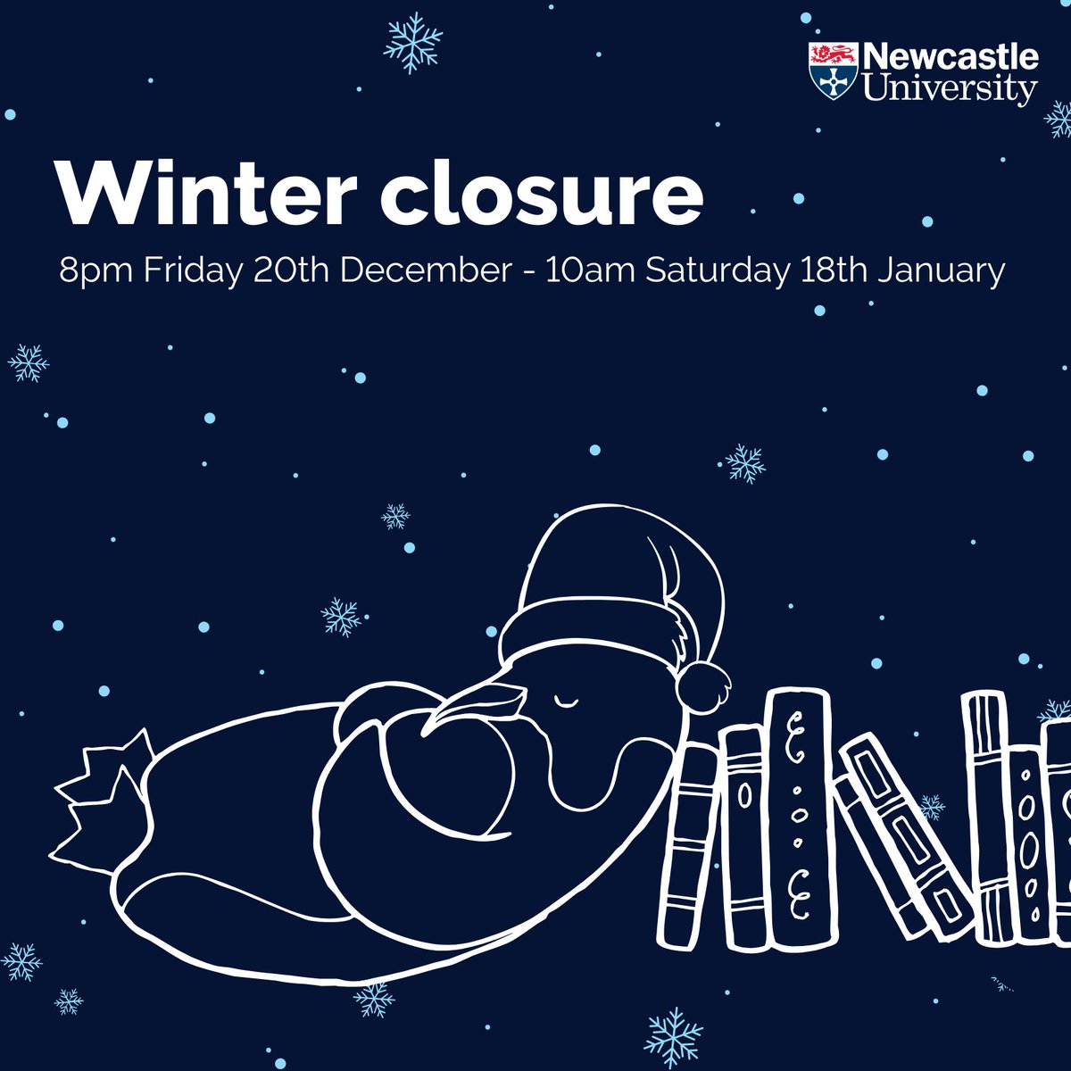 Gentle reminder that Newcastle University Library is closed to 6th form students from 8pm on Friday 20th December until 10.00am on Saturday 18th January. We look forward to seeing you again after the University exams.