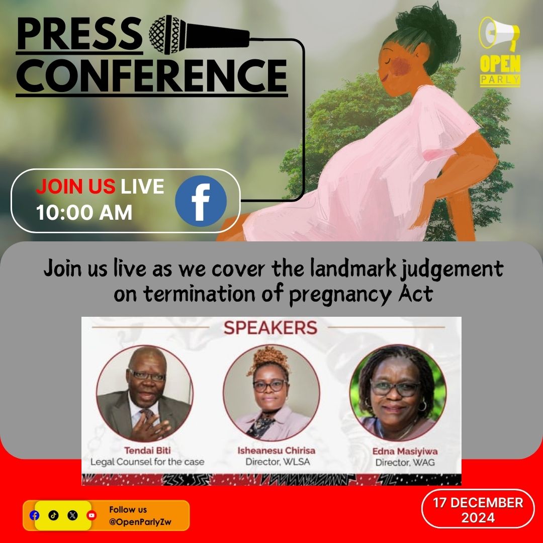 OpenParlyZw's tweet image. How will the High Court's landmark ruling on the Termination of Pregnancy Act impact access to safe and legal abortion in Zimbabwe?

 Join us as we cover the press conference live on Open Parly's Facebook page.  #Zimbabwe #AbortionRights #LandmarkRuling
@wlsaz @BitiTendai