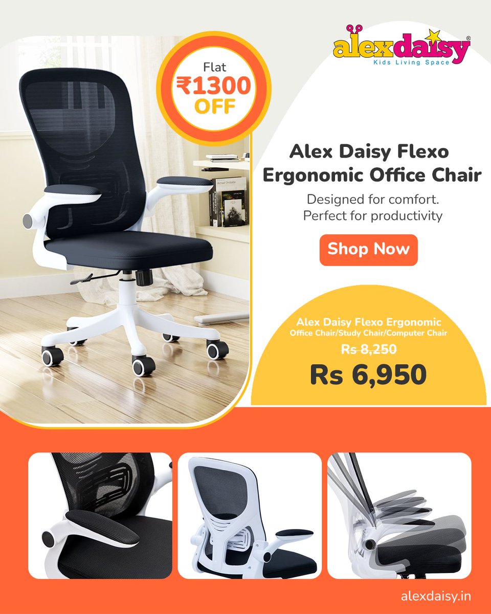 AlexDaisy_'s tweet photo. Upgrade your workspace with the Alex Daisy Flexo Ergonomic Office Chair! 💼 
Designed for comfort and built for productivity, it ensures perfect posture and flexible support, keeping you focused all day long. 
Now available at a flat ₹1300 OFF! 
https://t.co/jVOJVntkiQ https://t.co/k3ZtkCu2m2