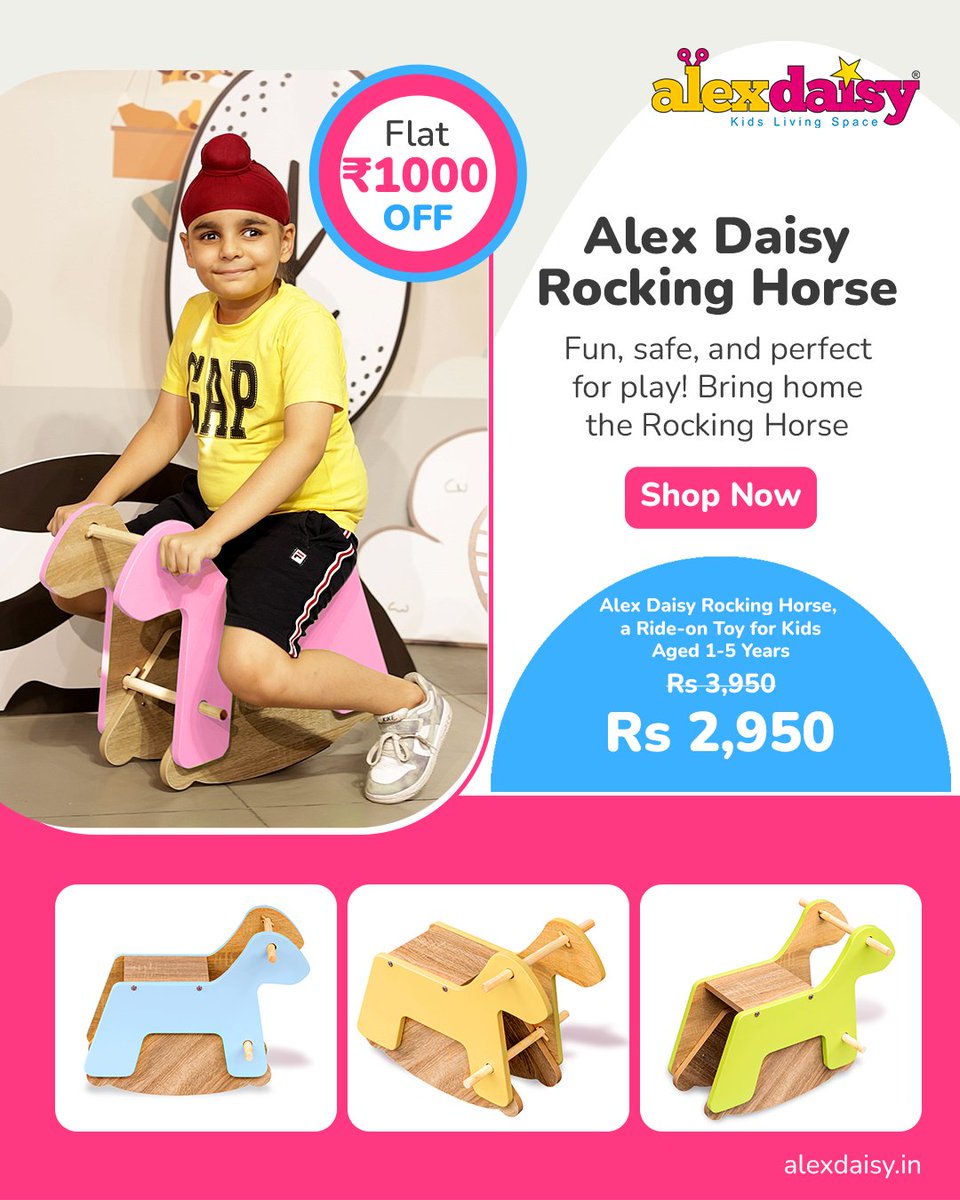 AlexDaisy_'s tweet photo. Bring home the joy of playtime with the Alex Daisy Rocking Horse! 
Designed for little adventurers aged 1-5 years, it’s fun, safe, and perfect for endless giggles and smiles. 
Now at Flat ₹1000 OFF—grab it for just ₹2,950! 

Shop Now: https://t.co/uSEgMKuD2T

#AlexDaisy https://t.co/ouR3rtsoCa