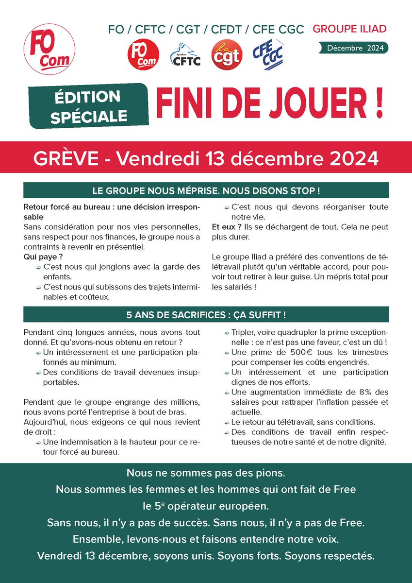 focom_'s tweet image. Ce vendredi 13 décembre, un mouvement de #grève intersyndical à l’initiative de #FO a commencé chez #Free contre la fin du #télétravail