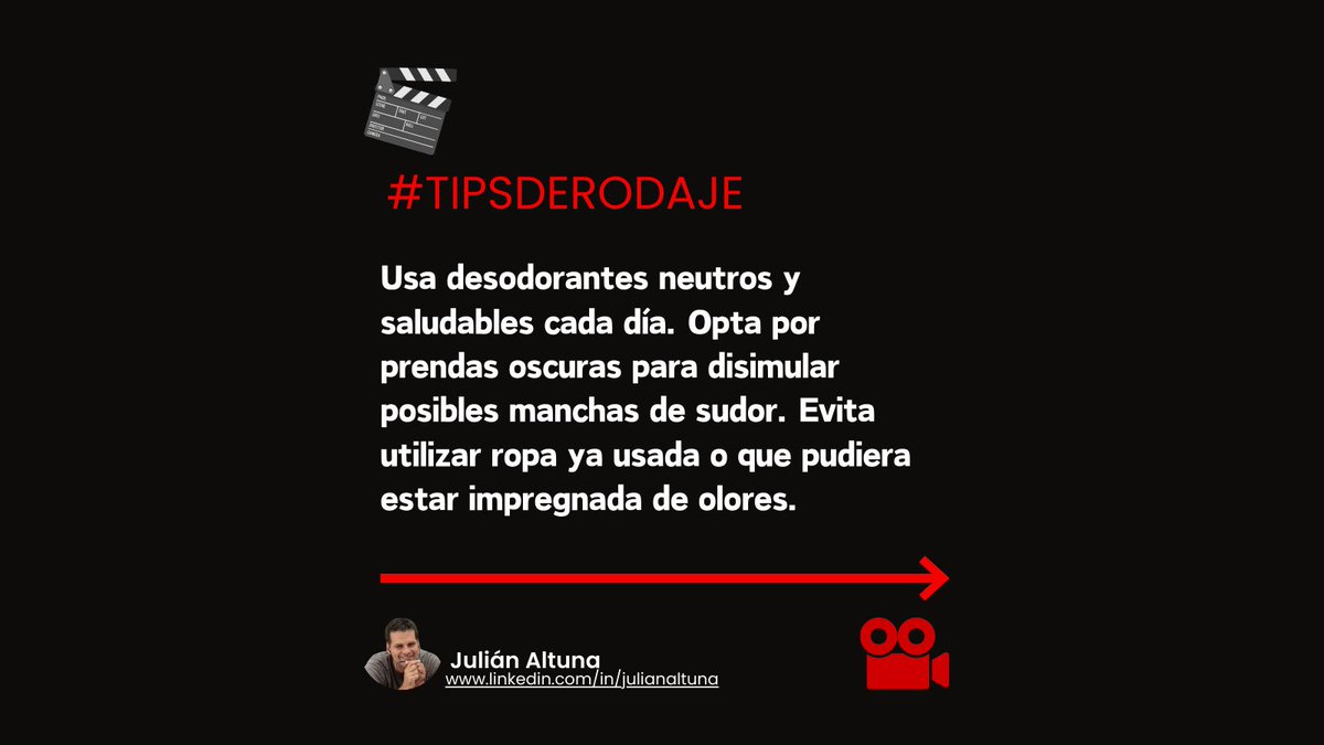 JulianAltuna's tweet photo. La higiene personal no solo es autocuidado, es una declaración de respeto hacia el trabajo, los compañeros y el proyecto en sí. Estarás contribuyendo al "buen ambiente" que facilita el trabajo de todo el equipo.
#BuenaProducción #ProducciónAudiovisual #TipsDeRodaje #Cine https://t.co/7zEbblkzey