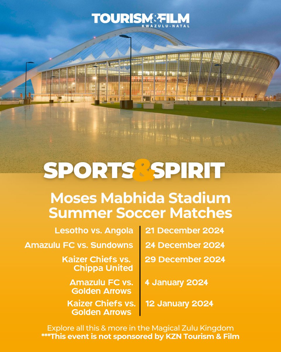 VisitKZN's tweet photo. Soccer fanatics, there's so many great games to look forward to this festive season in KZN!
#VisitKZN #SummerInKZN #KZNEvents https://t.co/nLVp0eO4D3