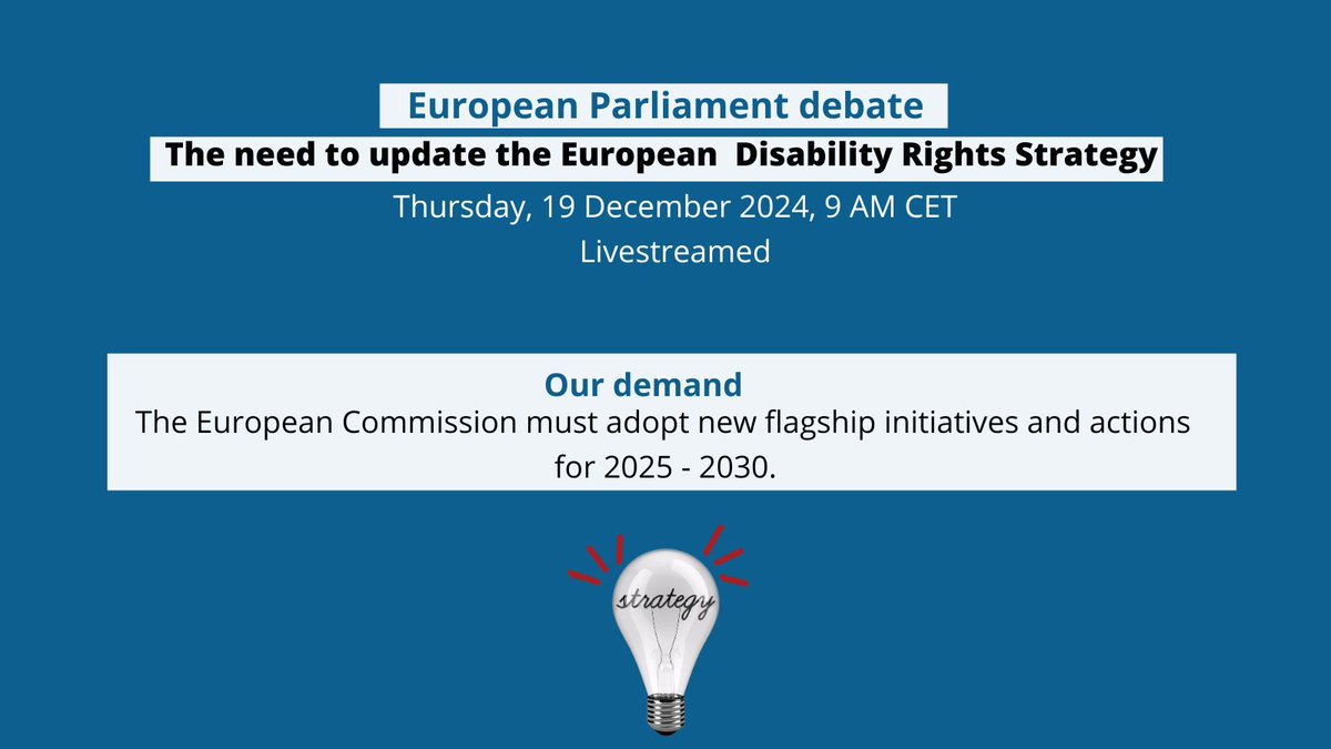 European Disability Forum (@myedf) on Twitter photo News: the <a href="/Europarl_EN/">European Parliament</a> will hold a debate on the need to update the #EUDisabilityRights Strategy on 19 December at 9 AM (CET).
We call on the <a href="/EU_Commission/">European Commission</a> and Commissioner <a href="/hadjalahbib/">Hadja Lahbib</a> to announce that the Strategy will be updated!
Watch live: buff.ly/304YTpO News: the <a href="/Europarl_EN/">European Parliament</a> will hold a debate on the need to update the #EUDisabilityRights Strategy on 19 December at 9 AM (CET).
We call on the <a href="/EU_Commission/">European Commission</a> and Commissioner <a href="/hadjalahbib/">Hadja Lahbib</a> to announce that the Strategy will be updated!
Watch live: buff.ly/304YTpO