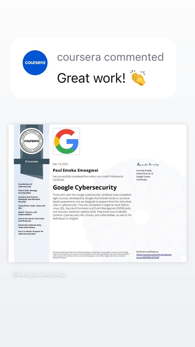iampaulemeka's tweet photo. @coursera not only liked but also commented on my certification post.
Big wins as I continue to build my skills in cybersecurity.
#GoogleCybersecurity #KeepLearning
Burna Boy Congratulations Nigeria Higuain Esusu Obagoal #Launchpad Fulani Ilorin Boniface #SevenDoorsOnNetflix https://t.co/lPE1nC8EFs