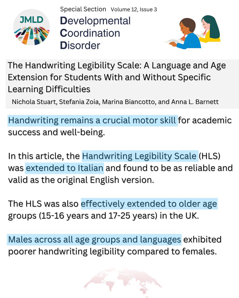 December Issue Special Section on #DCD 

The Handwriting Legibility Scale: A Language and Age Extension for Students With and Without Specific Learning Difficulties by Nichola Stuart et al. 🇬🇧🇮🇹

Open Access: doi.org/10.1123/jmld.2…

<a href="/oxford_brookes/">Oxford Brookes University</a> 
<a href="/AsugiFVG/">@asugiFVG</a>