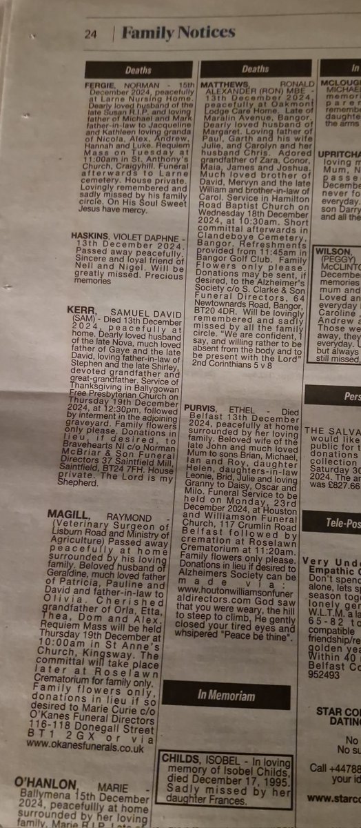 adrianhuston's tweet photo. @beltel, one of the reasons people still buy your paper is to keep up with things including death notices. Today, AGAIN, the names are NOT in alphabetical order. What daft process let's this happen? Why do editors miss the errors? https://t.co/he5NE7N8lE