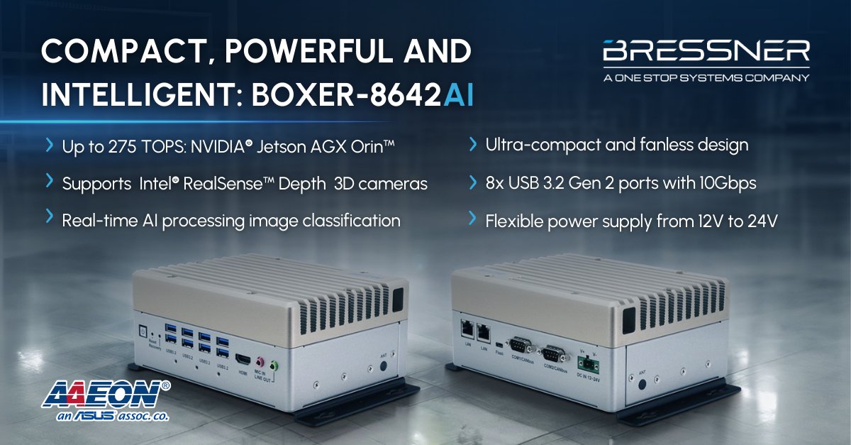 BRESSNER_Tech's tweet photo. Discover the power of real-time AI with the BOXER-8642AI! 🧠 Ideal for smart retail applications, this fanless system delivers up to 275 TOPS of AI computing power. Ready to revolutionize your checkout process? Learn more now: https://t.co/aE7MdjIZ6A 🌟 @AAEONEurope #BOXER8642AI https://t.co/ikjUcFWBcX