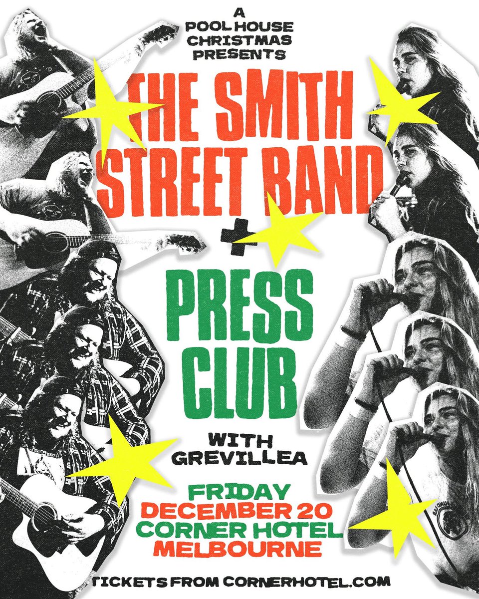 Low ticket warning! Less than 50 tickets left for this Friday at Corner Hotel with Press Club &amp; Grevillea

Get them from cornerhotel.com

🎨: Will Johnstone