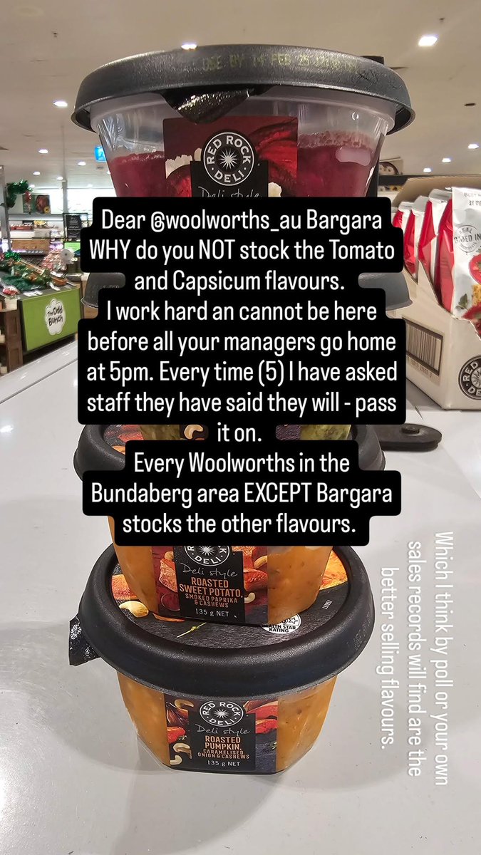 NikkiMoff's tweet photo. Cmon @woolworths !!!! 
Please fix this significant oversight in your Bargara store.

Stock the best #RedRockDeli flavours (not these ones) - although keep the pesto. 

K thanks bye https://t.co/YyZ4YlB69c