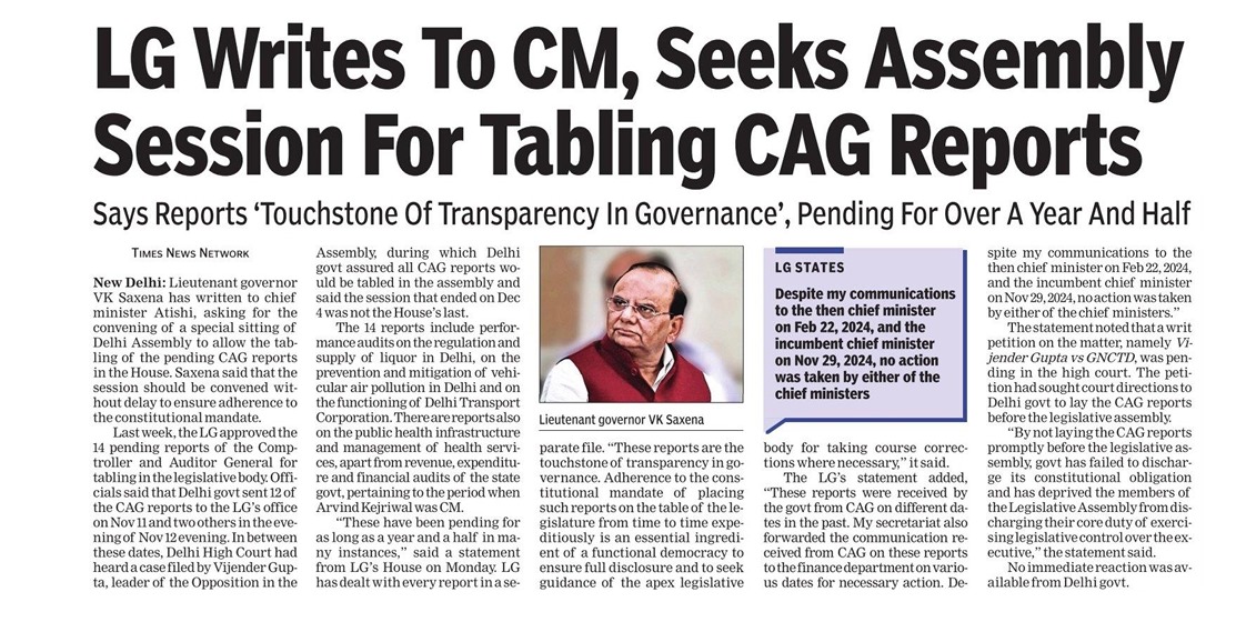 LokNiwasDelhi's tweet photo. "CAG reports are the touchstone of transparency in governance; delay undermines public trust." —Hon'ble @LtGovDelhi VK Saxena

Reports on important issues like Public Health, Transport, Liquor & Excise have been pending for as long as an year and a half. 

Why not table the reports? 
Not tabling such reports gives the impression that the Government is attempting to conceal facts from the people.