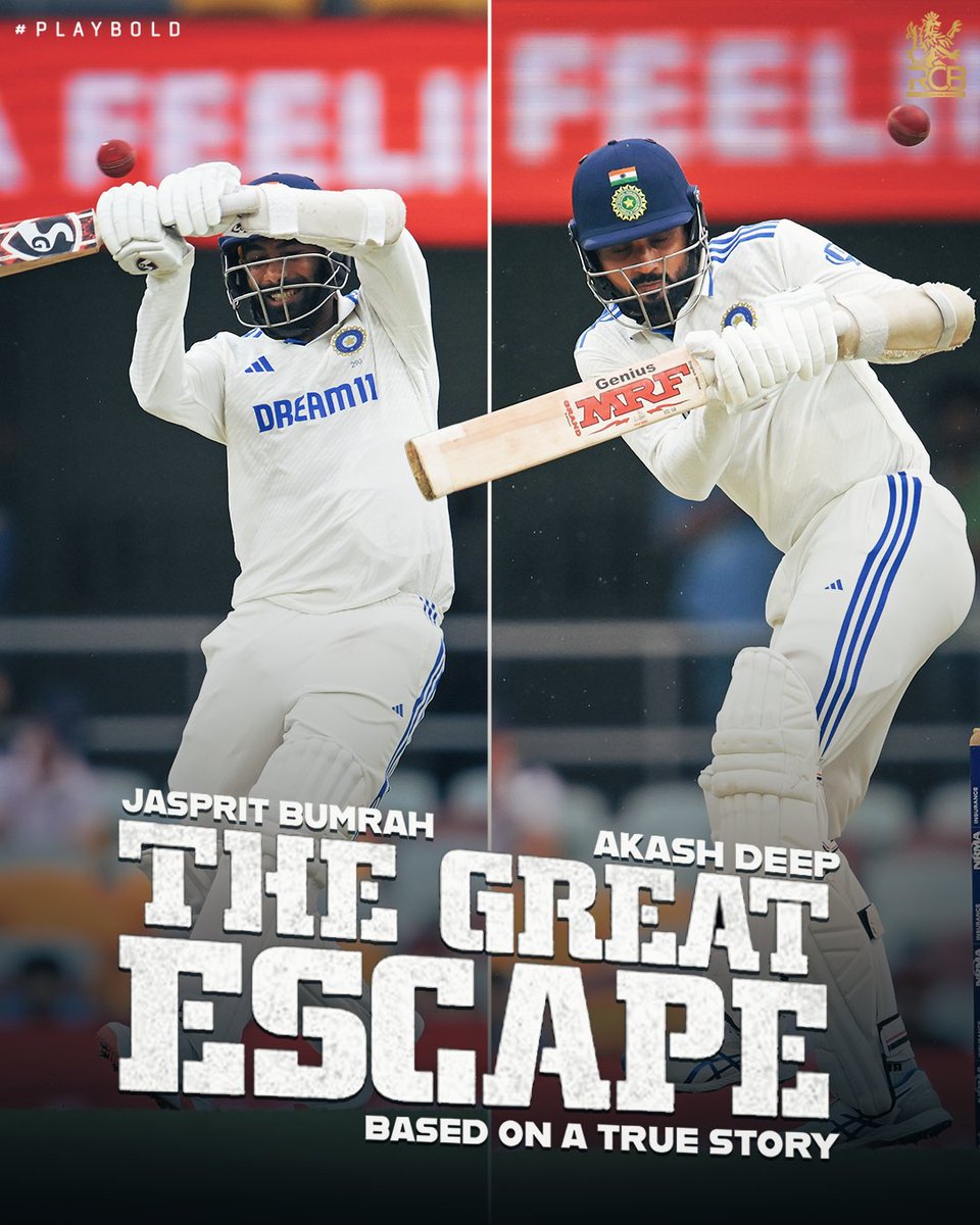 RCBTweets's tweet photo. Up the Rebels! We’re not backing down without a fight. 🔥

The Great Escape, indeed. 📸🤌

@Jaspritbumrah93 | #AkashDeep | #PlayBold #ನಮ್ಮRCB #AUSvIND https://t.co/TaFn5DflyT