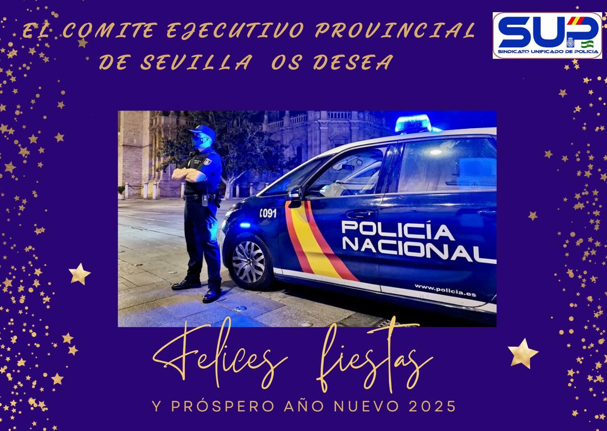 SevillaSup's tweet photo. 🚔🎄Desde @SevillaSup  os deseamos una Feliz Navidad  y un año 2⃣0⃣2⃣5⃣ lleno de nuevos logros en las reivindicaciones para la mejora de las condiciones laborales y derechos de la ‍👮‍♂️👮‍♀️ #ProfesionDeRiesgo 
#JubilaciónDignaGCyPN
#EquiparaciónSalarial https://t.co/Rsfx3XnFdB
