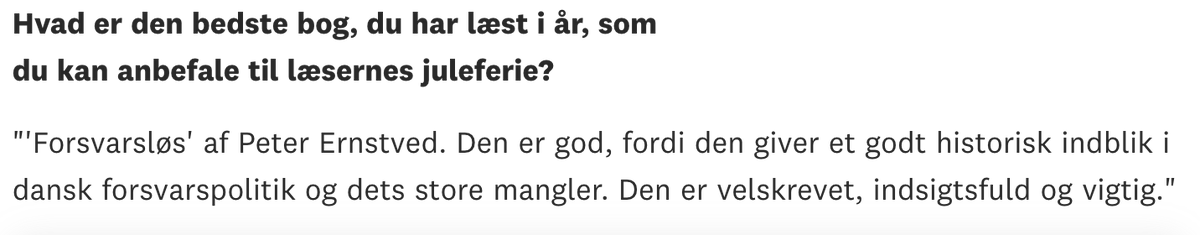 Jeg kommer til at savne <a href="/RasmusJarlov/">Rasmus Jarlov</a> på Christiansborg, fordi han er en af ganske få politikere med indsigt i og en fortid i <a href="/forsvaretdk/">Forsvaret</a>. Og så har han læst en vigtig bog, hvilket jeg kun kan glæde mig over 😉🪖 Citat fra <a href="/Altingetdk/">Altinget</a> #dkforsvar #dkpol #dkmedier